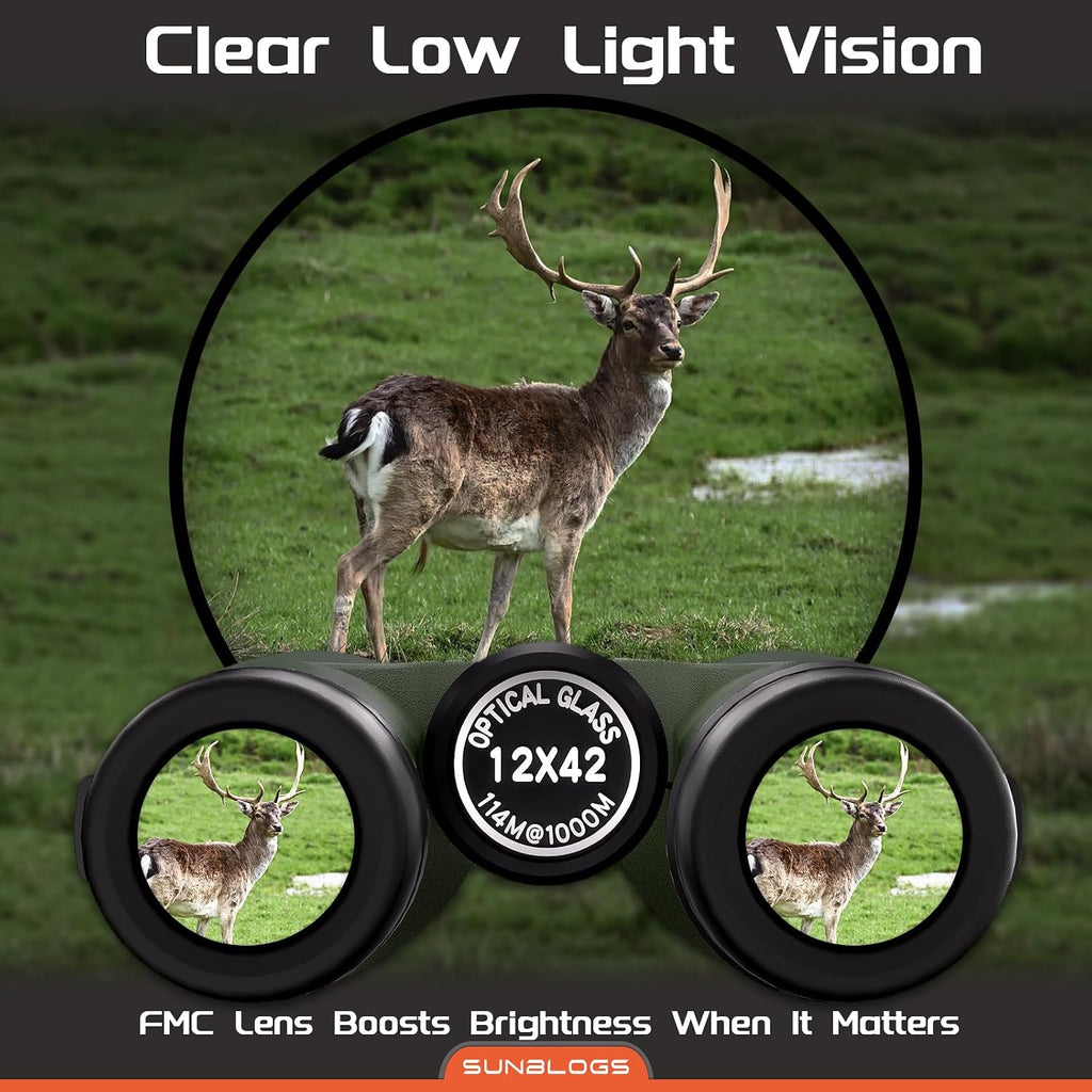 12x42 Binoculars for Adults High Powered, Super Bright BAK4 Prism Waterproof HD Binoculars with Low Light Vision for Bird Watching Hiking Hunting Outdoor Travel Road Trip Stargazing Cruise (Green)