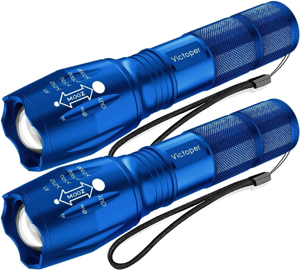 Victoper LED Flashlight 2 Pack Blue, Bright Tactical Torch High Lumens 5 Modes, Waterproof Zoomable Flash Light for Outdoor, Birthday Gifts for Men, Dorm Room Hiking Camping Essentials Gear for Guys