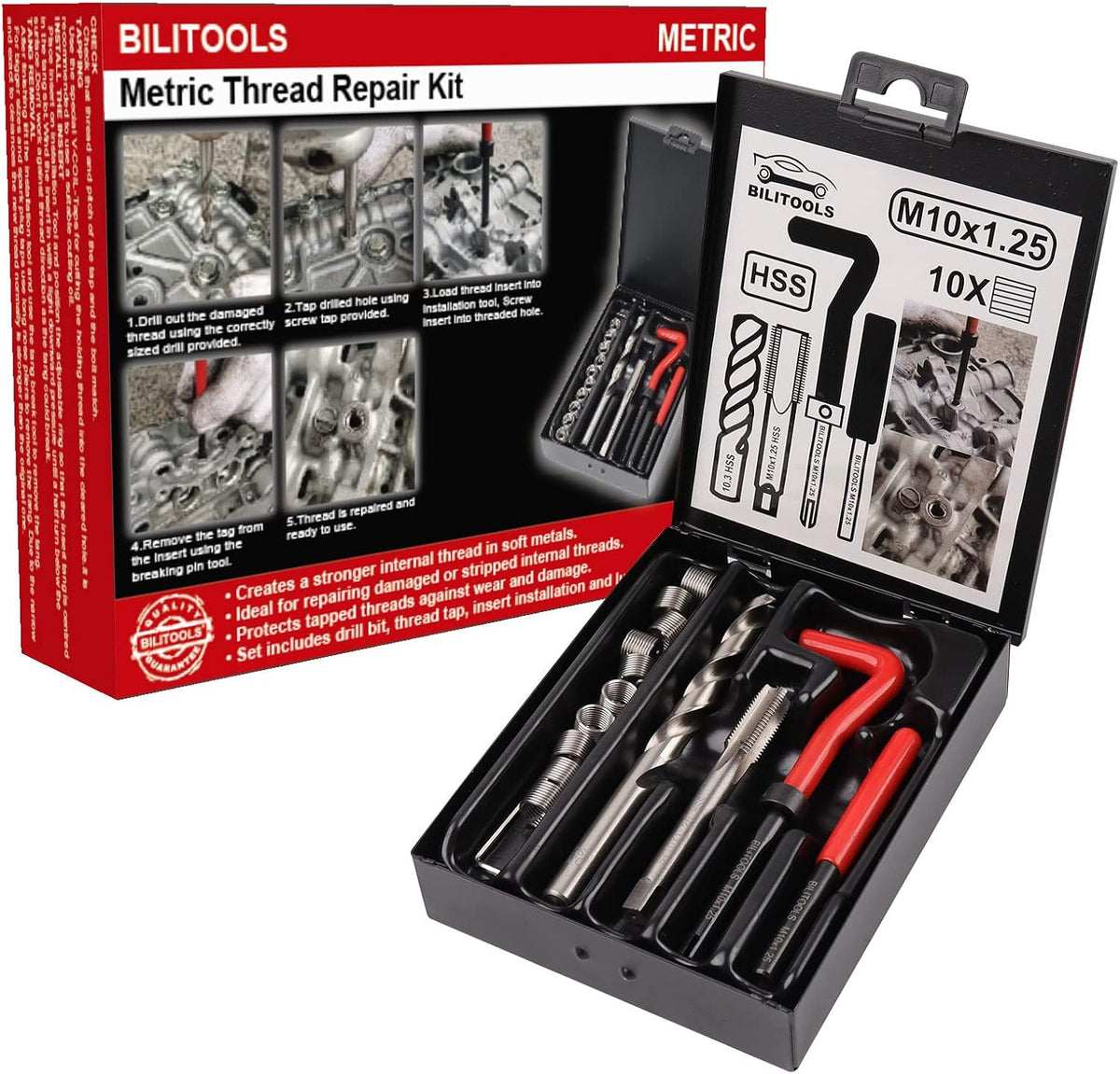 BILITOOLS M10x1.25 Thread Repair Kit, HSS Drill Helicoil Repair Kit Metric