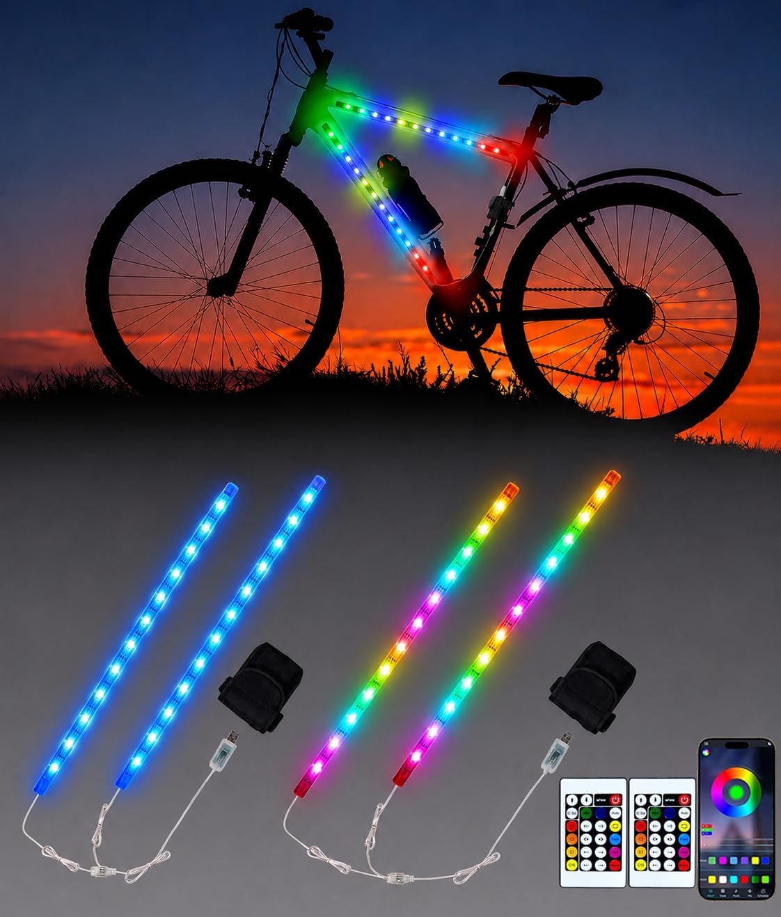 JUSJUBR LED Bike Lights for Night Riding, Multiple Colors and Lighting Modes, App & Remote Control, Colorful LED Strip Lights with Battery Box for Bicycles and Scooters