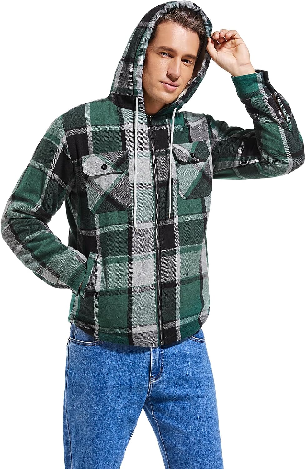 Men's Zip Up Flannel Shirt Jacket Fleece Lined with Hood