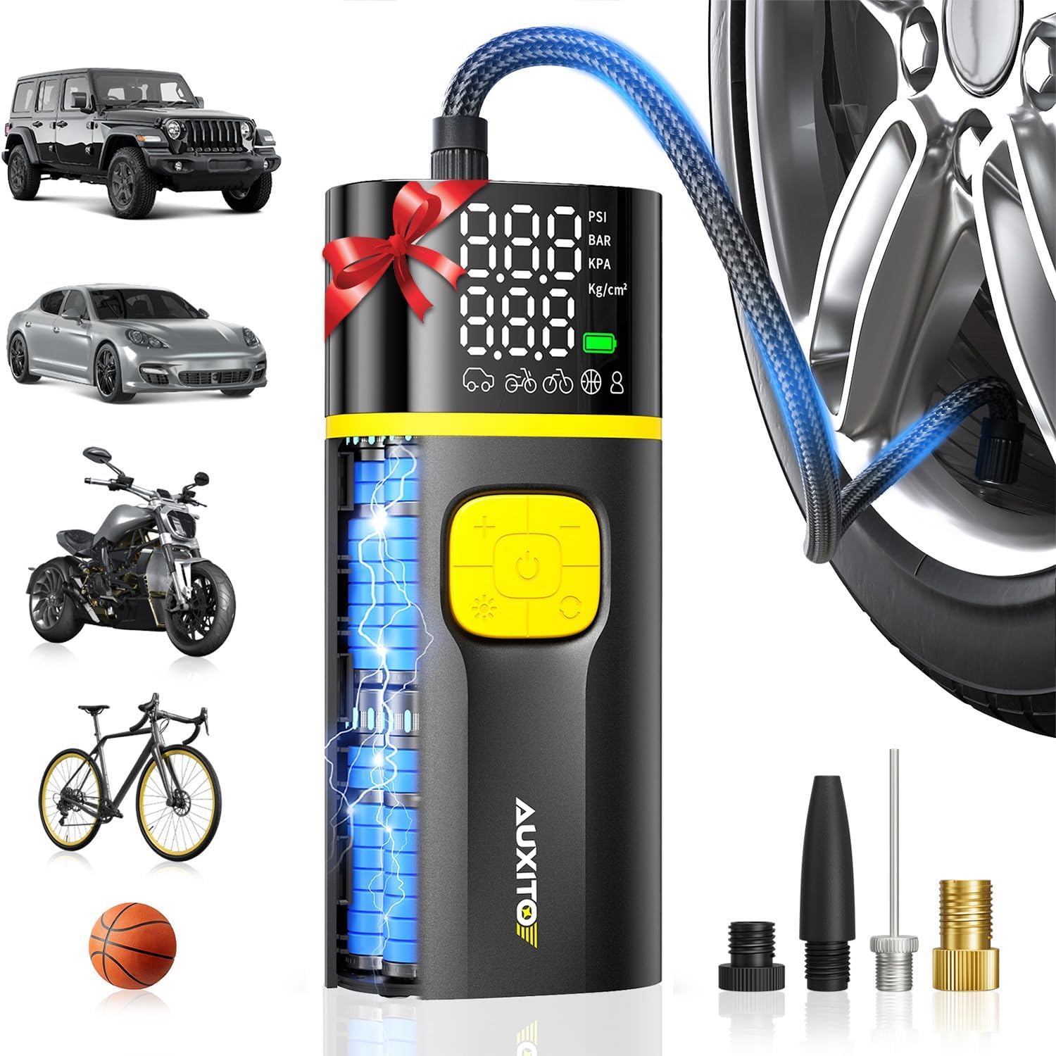 AUXITO AS1 PRO Tire Inflator Portable Air Compressor - 150PSI Dual Cylinder 7800 mAh & 12V DC, Bike Pump Air Pump for SUV, Truck, Bike, Motorcycle with Digital Tire Pressure Gauge, Car Gifts for Men