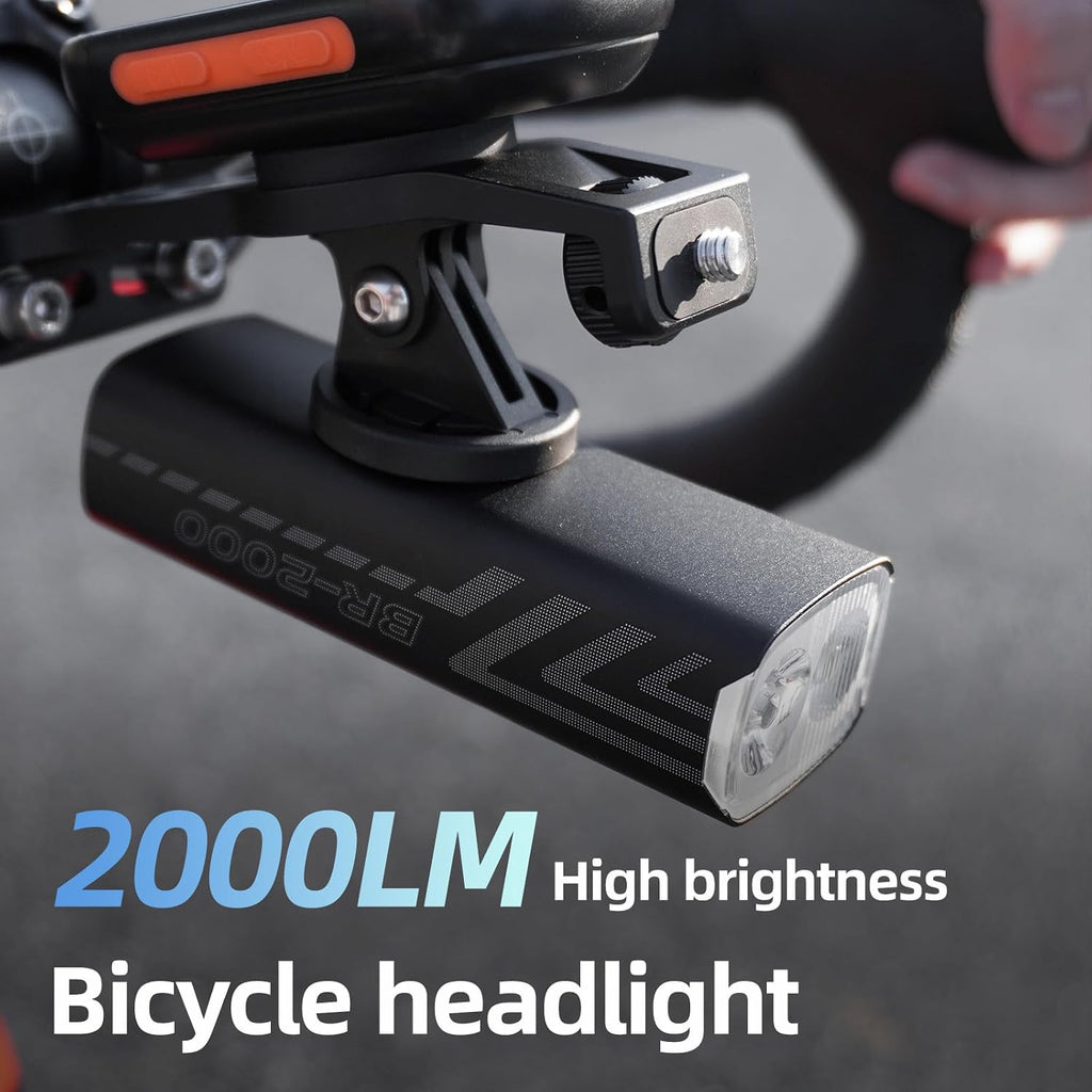 Bike Lights for Night Riding 2000 Lumen Compatible with Garmin/GoPro Mount Bike Headlight 5 Modes 4500mAh Aluminium Alloy IPX6 Waterproof Rechargeable Bicycle Lights Bike Headlight BR2000