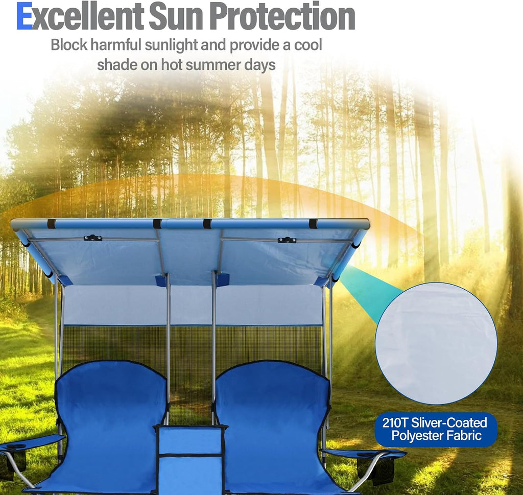 Double Camping Chair with Canopy Shade,Beach Chair Support 600LBS,Blue