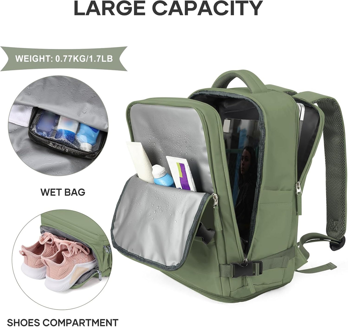 coowoz Travel Backpack For Women Men,Carry On Backpack,Hiking Backpack Waterproof Outdoor Sports Rucksack Casual Daypack travel essentials（Gray Green）