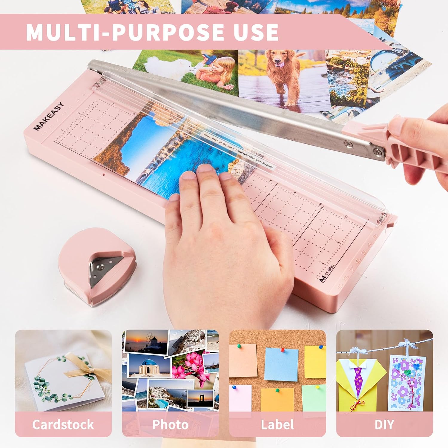 MAKEASY Paper Cutter 12 Inch, Guillotine Paper Cutter with 8 Sheet Capacity, Heavy Duty Paper Cutter for Cardstock, Paper Trimmer for Crafting, Classroom and Office, Pink