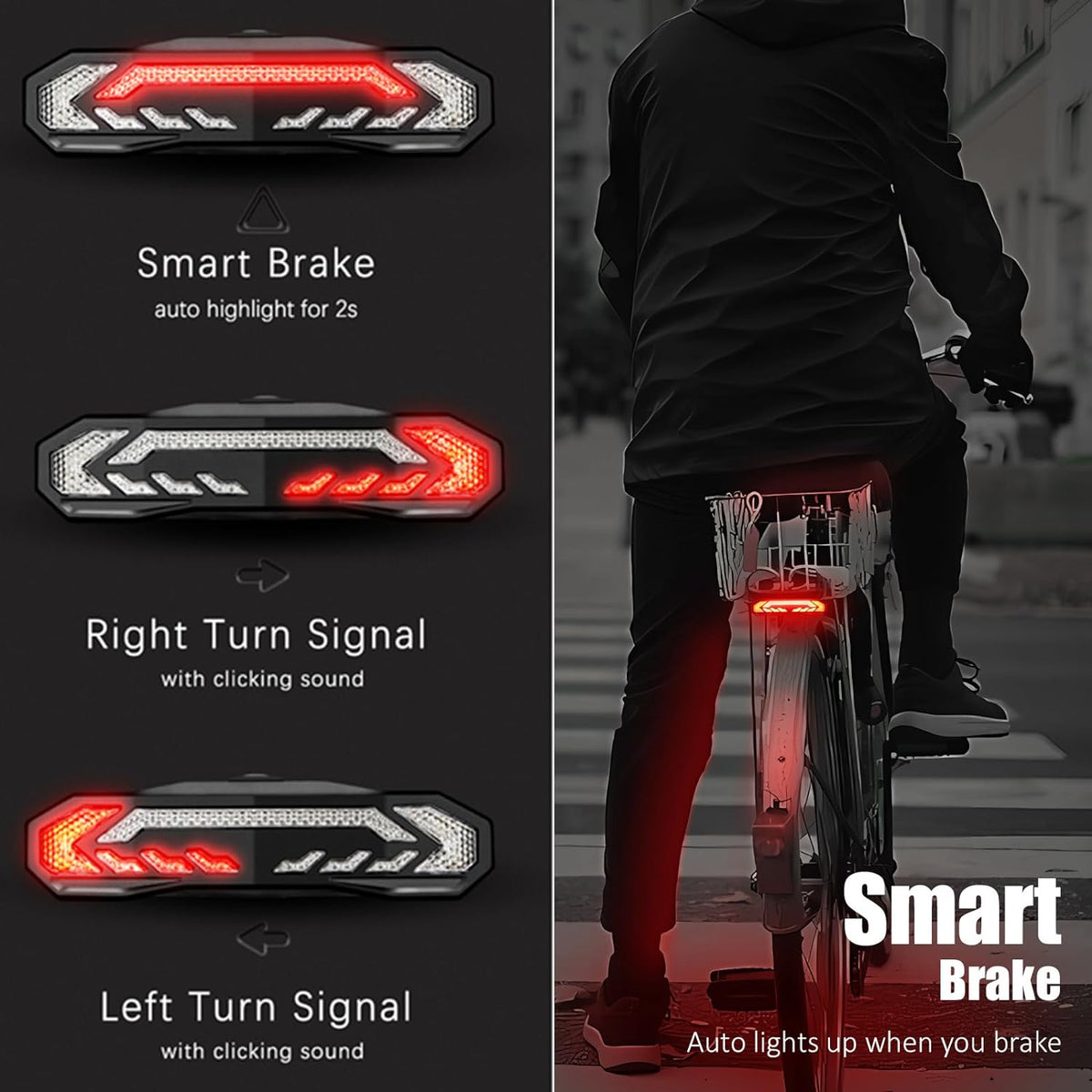 WSDCAM Smart Bike Tail Light for Cargo Rack with Turn Signals and Brake Light, Auto On/Off USB Rechargeable Wireless Remote Bike Horn Alarm Rear Bike Light Reflector Bicycle Tail Light with Rack Mount