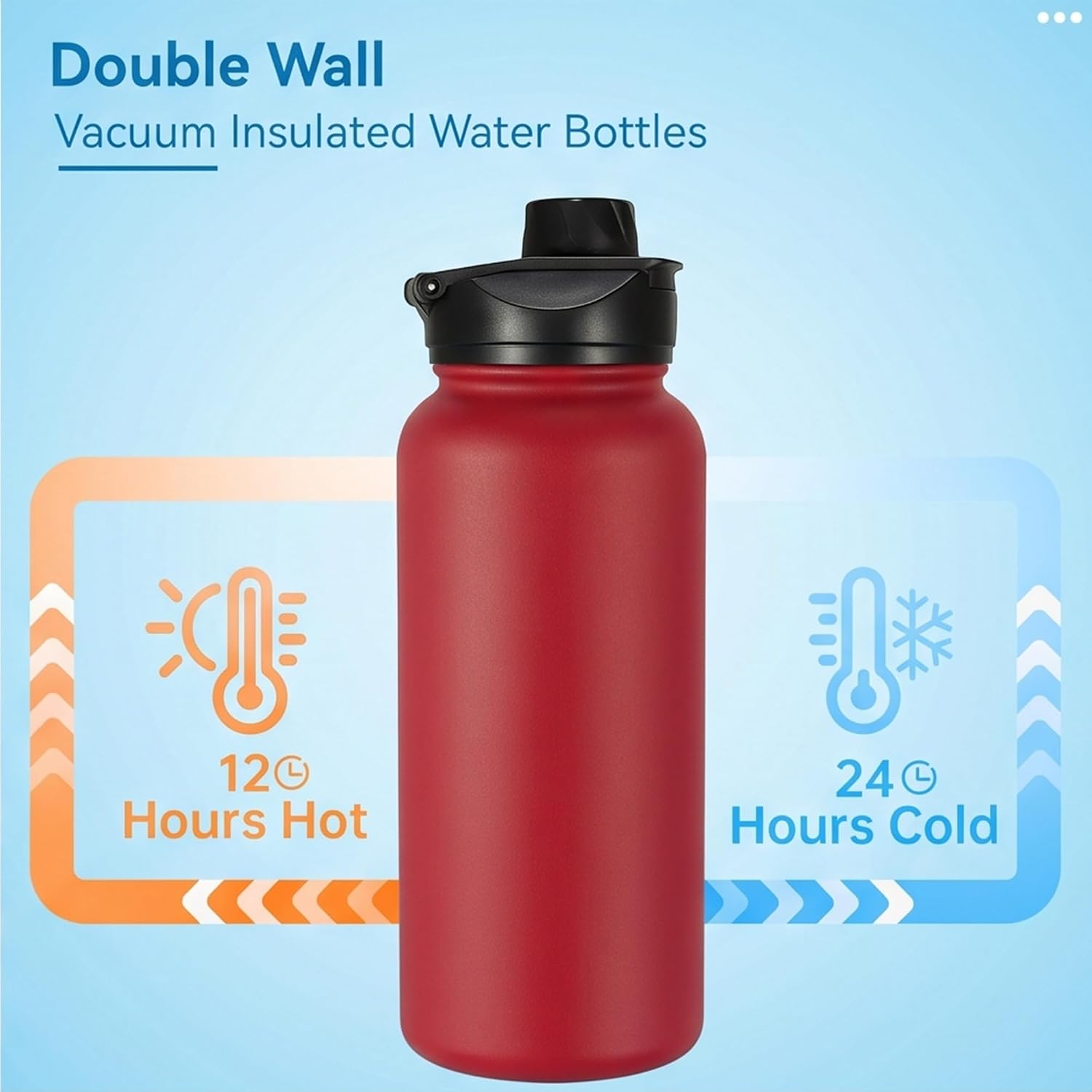 VEGOND 32 oz Insulated Water Bottle Bulk Stainless Steel Metal Water Bottles with Leak Proof Straw Lid & Spout Lid, Wide Mouth Double Walled Vacuum Travel Sports Bottle, Red 4 Pack