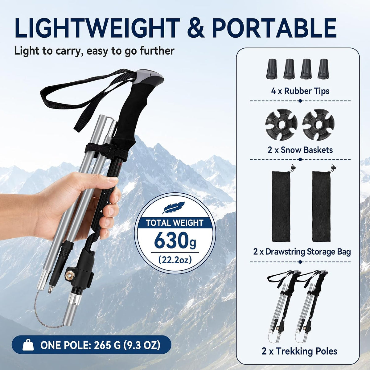 Collapsible Hiking Poles, Lightweight Walking Stick for Trekking
