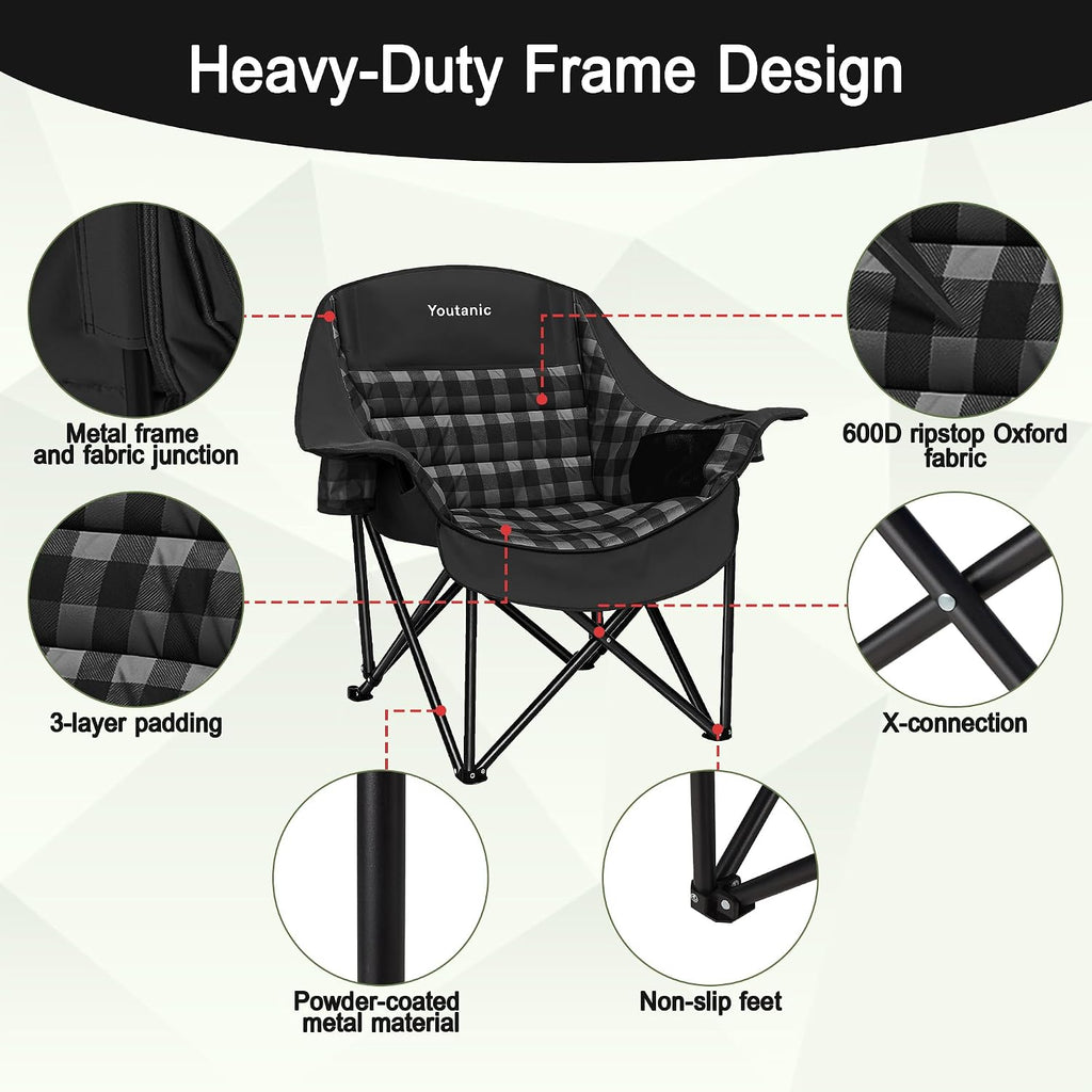 Youtanic Oversized Large Padded Camping Chair, 400 lbs Foldable Lawn Chair