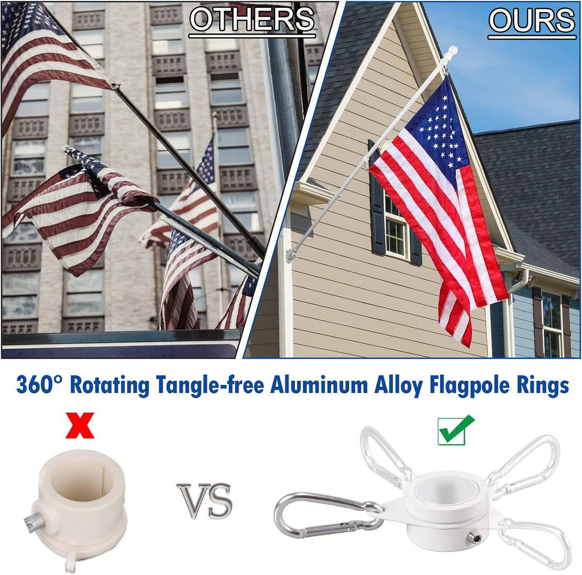 BONWIN 1" White Flag Pole Rings, 2 Pcs Anti Wrap Aluminum Alloy Flag Pole Clips Swivels, 360° Rotating Flagpole Flag Mounting Rings, Spinning Flag Pole Kit for 0.75-1.02" Diameter (1 Inch, White)