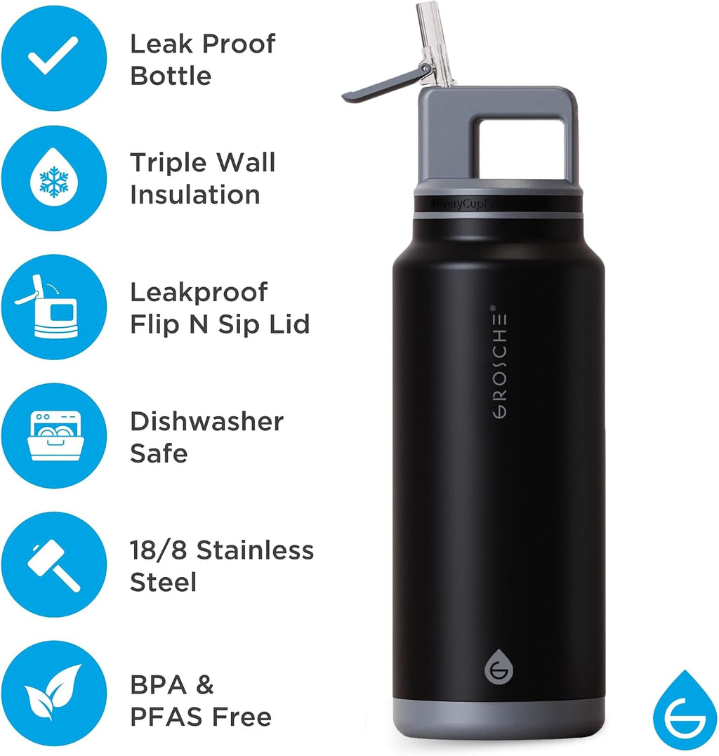 GROSCHE Alpine Flip N Sip Insulated Bottle Straw Lid, Graphite Black, 40 oz