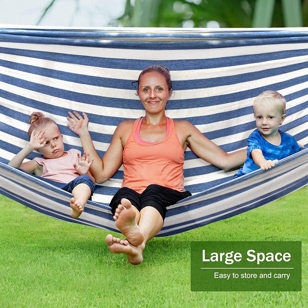 MOSFiATA Hammocks Portable Camping Hammock Upgraded 550lb Comfortable Fabric Hammock with Two Anti Roll Balance Beam and Sturdy Metal Knot Tree Straps for Camping, Patio, Backyard, Outdoor(Blue White)