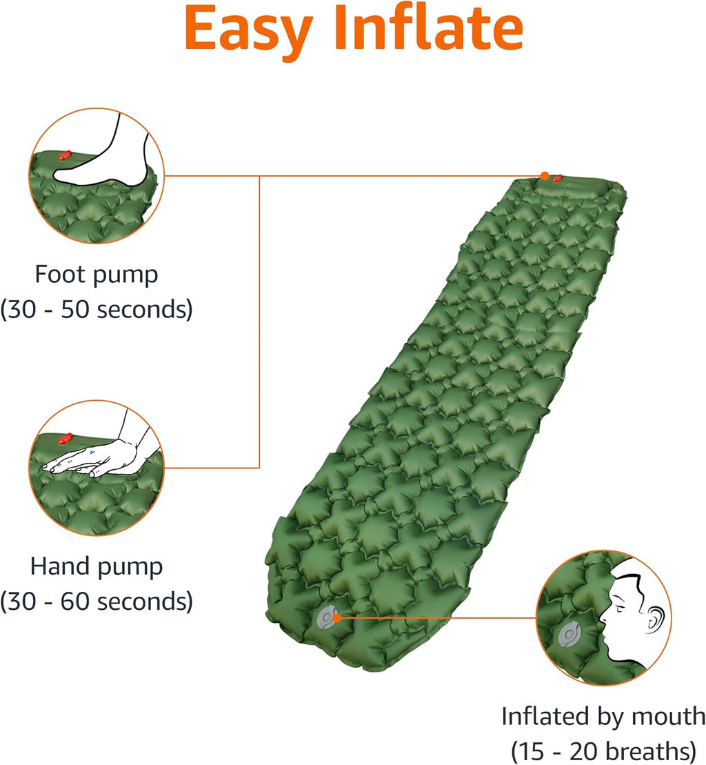 Amazon Basics Camping Sleeping Pad with Quick-Inflate Built-in Foot Pump, Water Resistant, Ultralight, Portable for Hiking and Backpacking, Olive Green