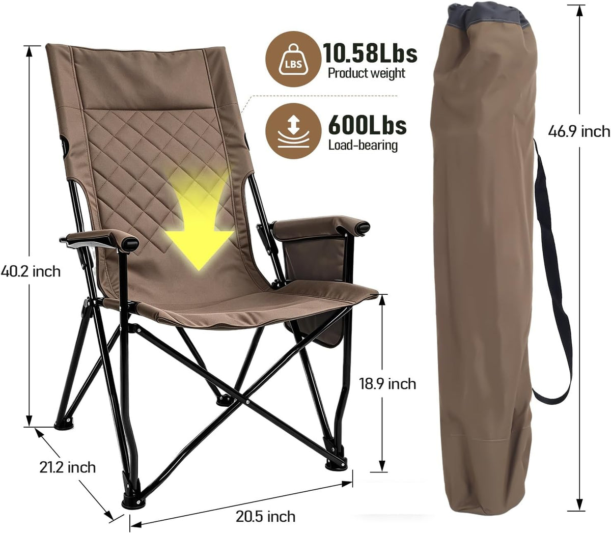 Folding Camping Chair, High Back Padded Portable Camp Chair with Storage Bag, 600D Oxford Fabric Comfortable Chair for Outdoor Camping, Beach, Fishing (Khaki)