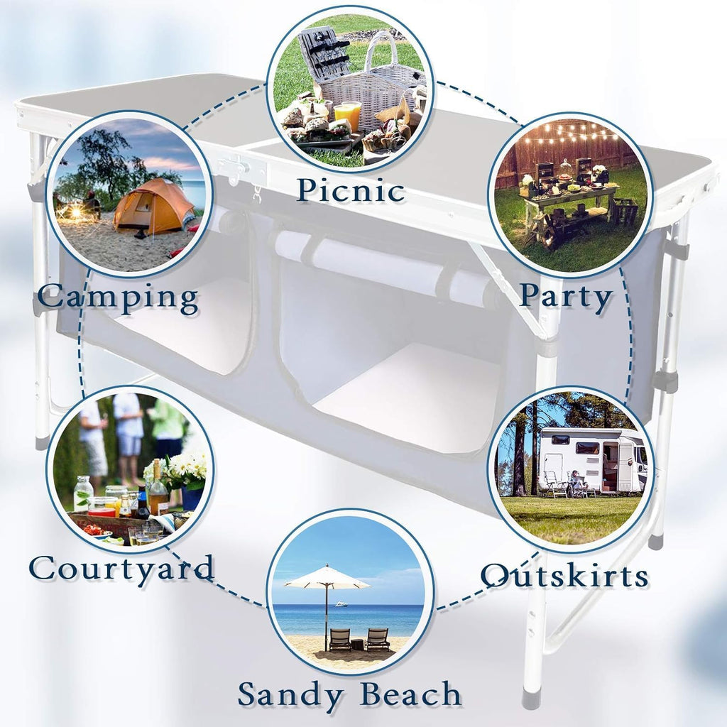 Folding Camping Table with Storage Compartment Aluminum Lightweight Camp Kitchen Table Height Adjustable Indoor/Outdoor Table Perfect for Tailgating, Backyards, BBQ,Picnic, Black