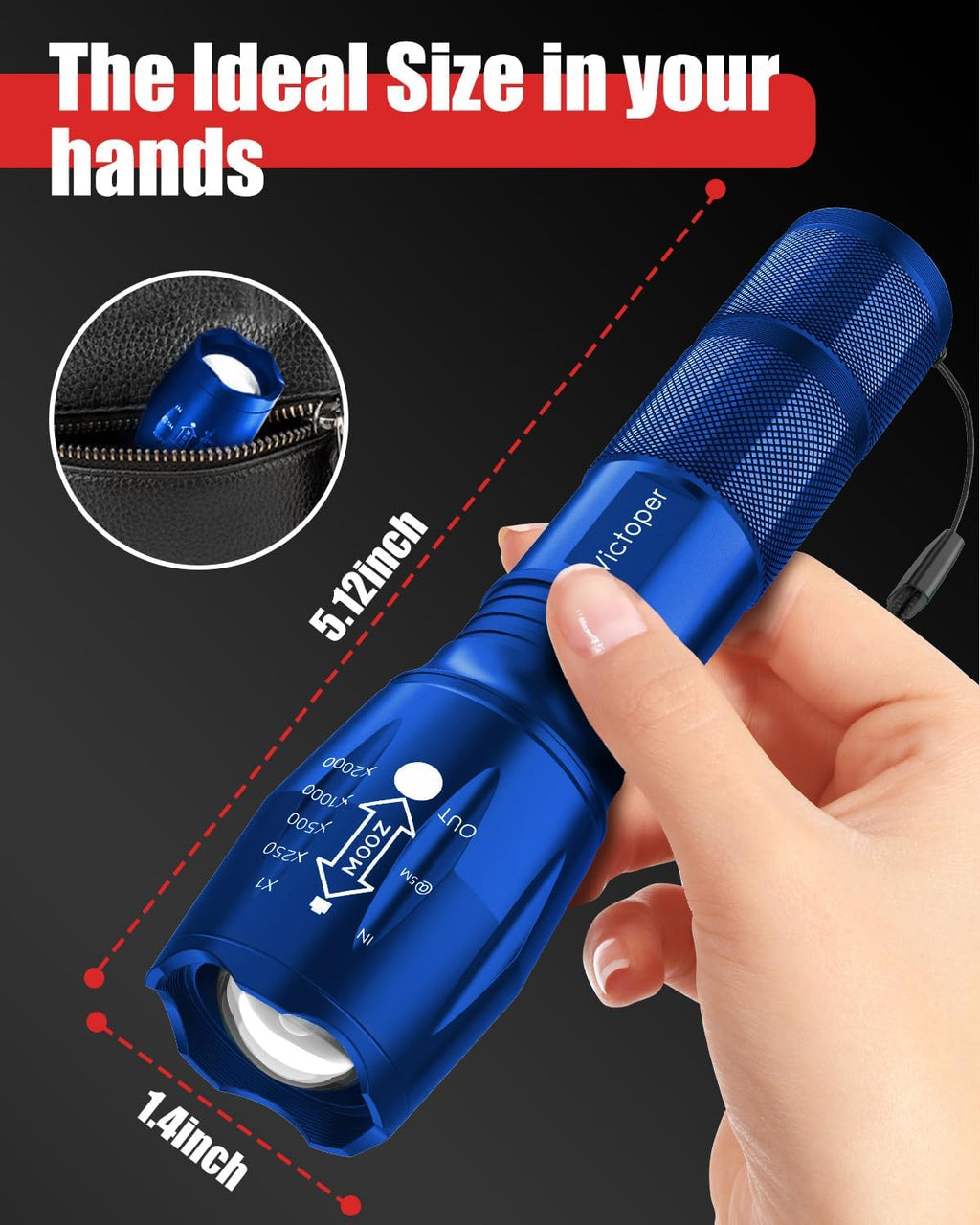 Victoper LED Flashlight 2 Pack Blue, Bright Tactical Torch High Lumens 5 Modes, Waterproof Zoomable Flash Light for Outdoor, Birthday Gifts for Men, Dorm Room Hiking Camping Essentials Gear for Guys