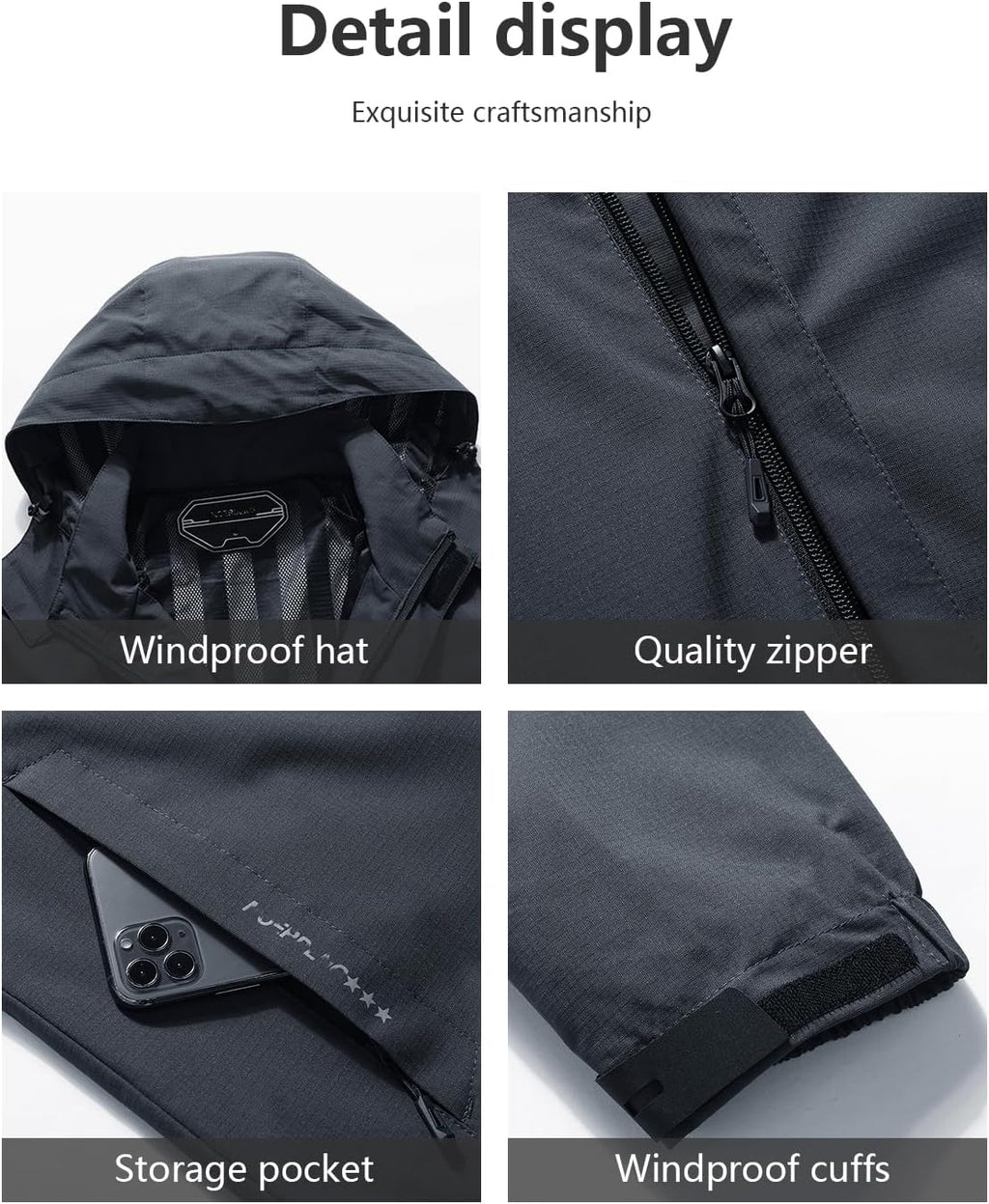 Outdoor Men's Waterproof Raincoat Windbreaker Lightweight Rain Jacket with Detachable Hood