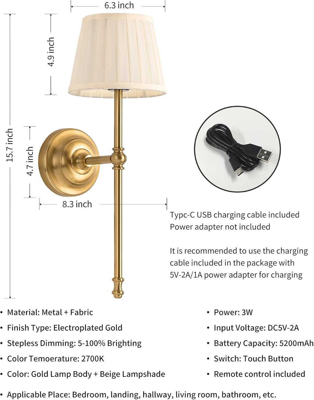 KDG Gold Cordless Wall Sconces Set of 2, Beige Fabric LED Wall Lamps