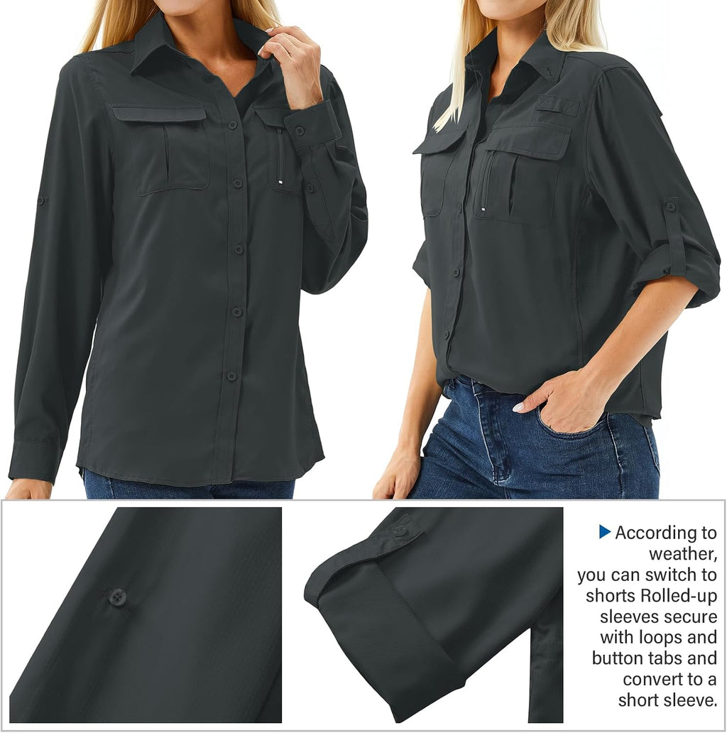 Women's UPF 50 Long Sleeve Sun Protection Safari Fish Hiking Shirts