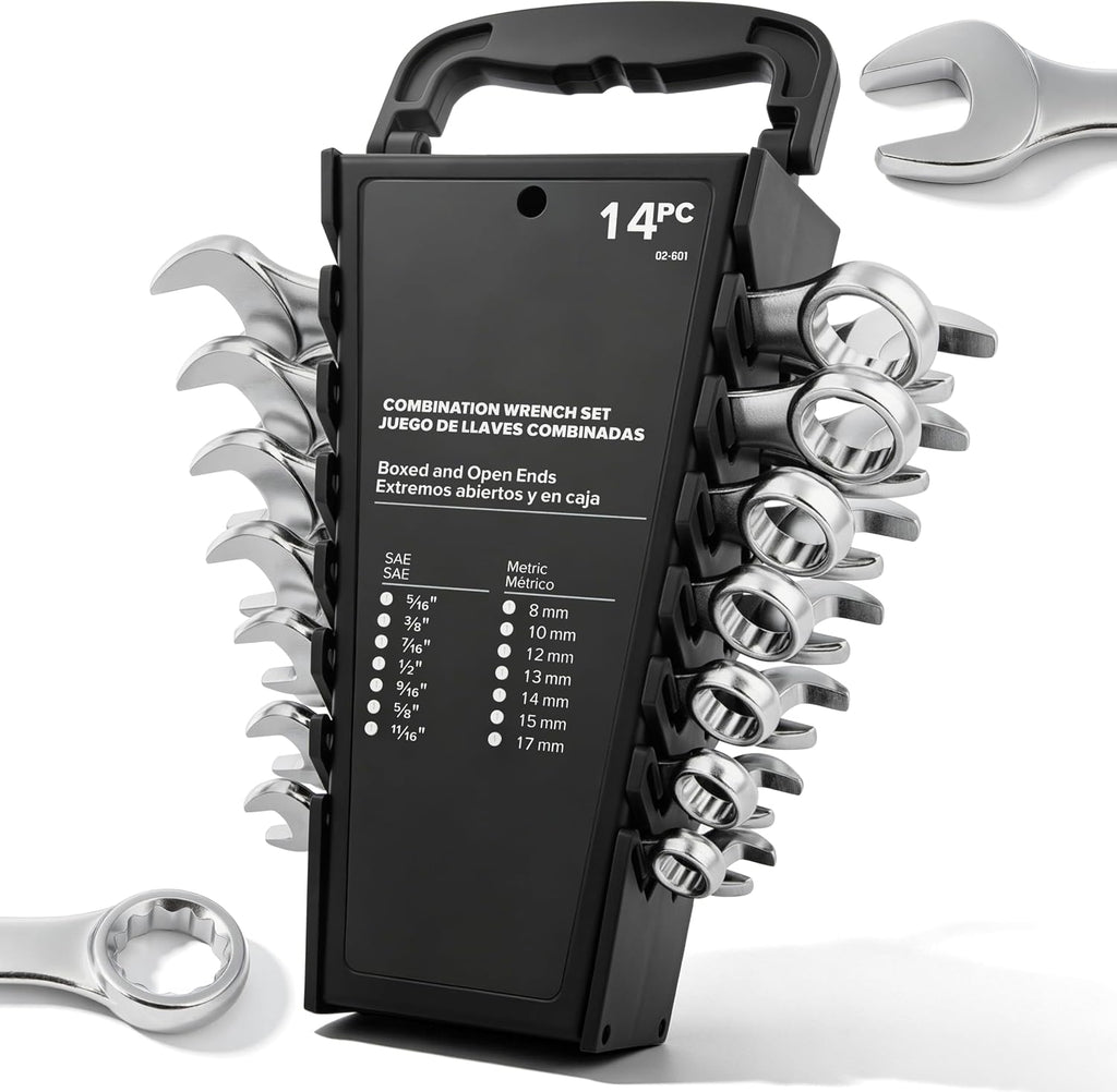 Tempest 14 Piece Combination Wrench Set, Metric & SAE (8-17mm, 5/16-11/16 inch) with Compact Organizer Rack, Drop Forged Steel Mechanics Hand Tools Kit for Automotive Repair, Home DIY, Workshops