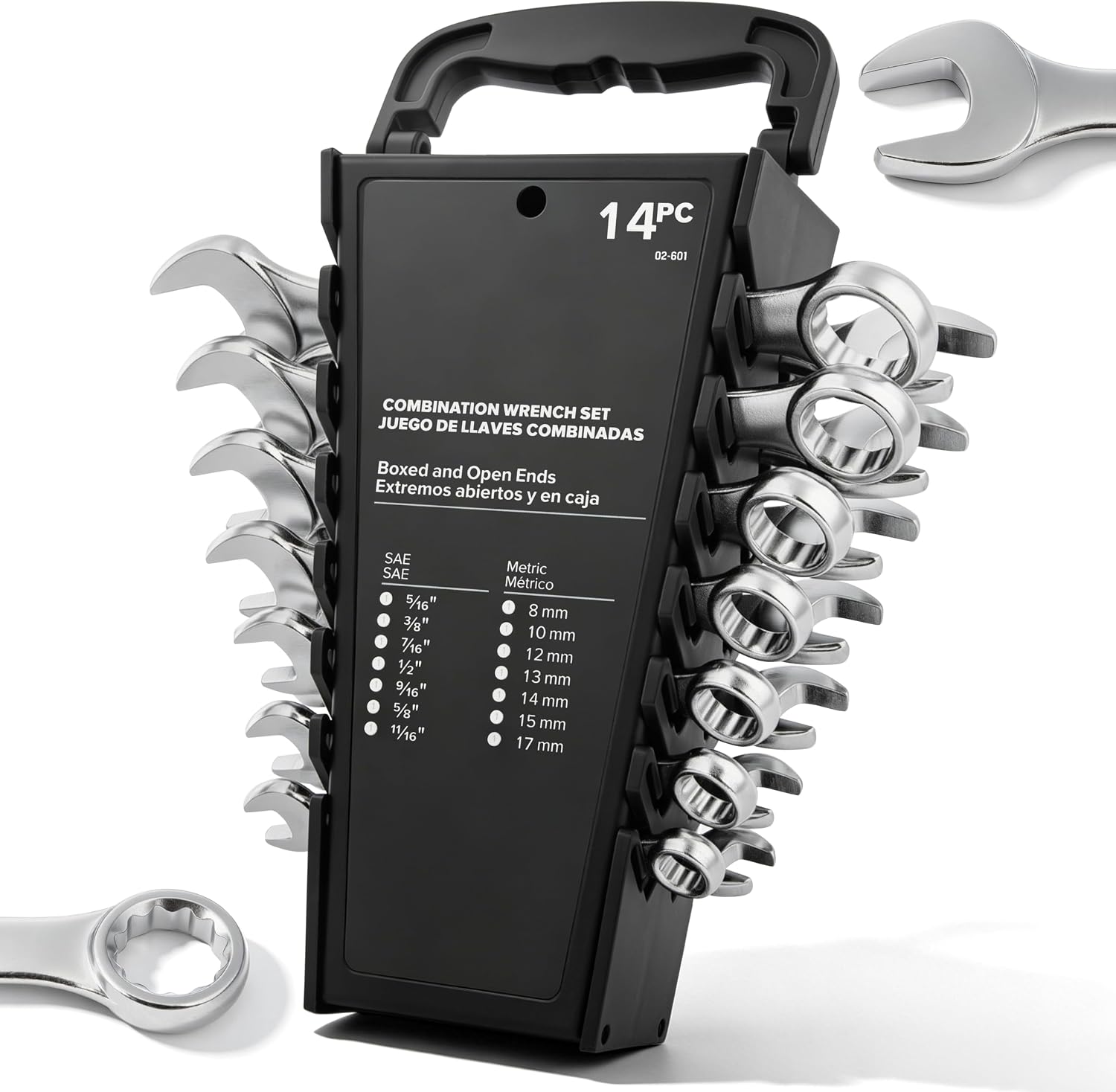 Tempest 14 Piece Combination Wrench Set, Metric & SAE (8-17mm, 5/16-11/16 inch) with Compact Organizer Rack, Drop Forged Steel Mechanics Hand Tools Kit for Automotive Repair, Home DIY, Workshops