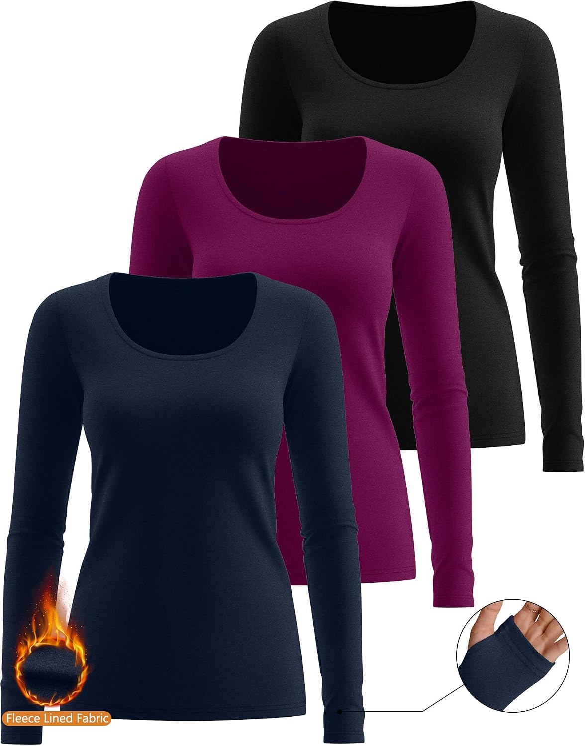 Riyiper 3 Pack Women's Thermal Long Sleeve Shirts Scoop Neck Top