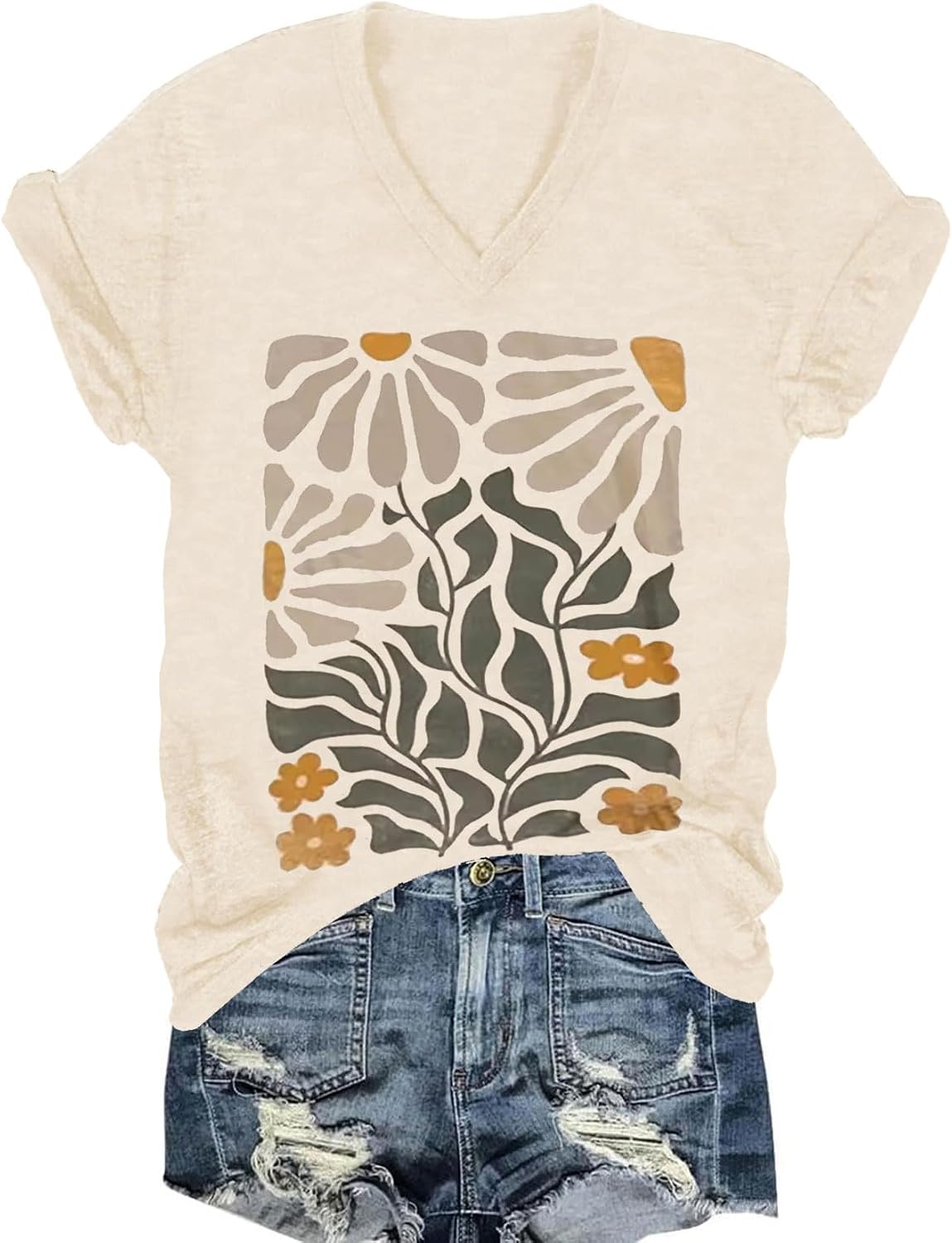 Vintage Boho Tops for Women V-Neck Flowers Shirt Spring Graphic Tees Floral Print Summer Casual Short Sleeve Tshirt Top
