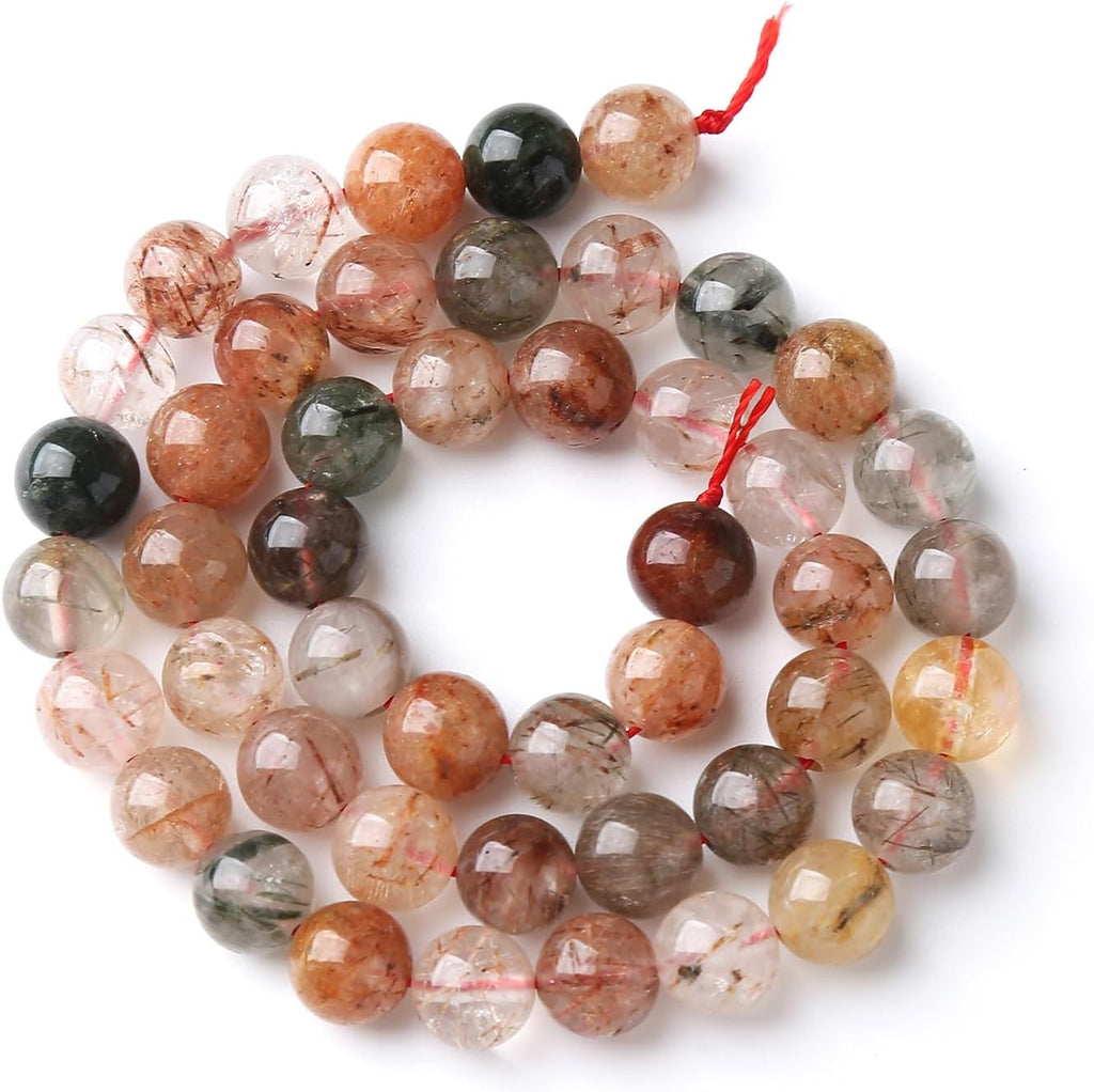 10MM 36PCS Natural Crystal Stone Colorful Rutilated Quartz Beads for Jewelry Making DIY Bracelet