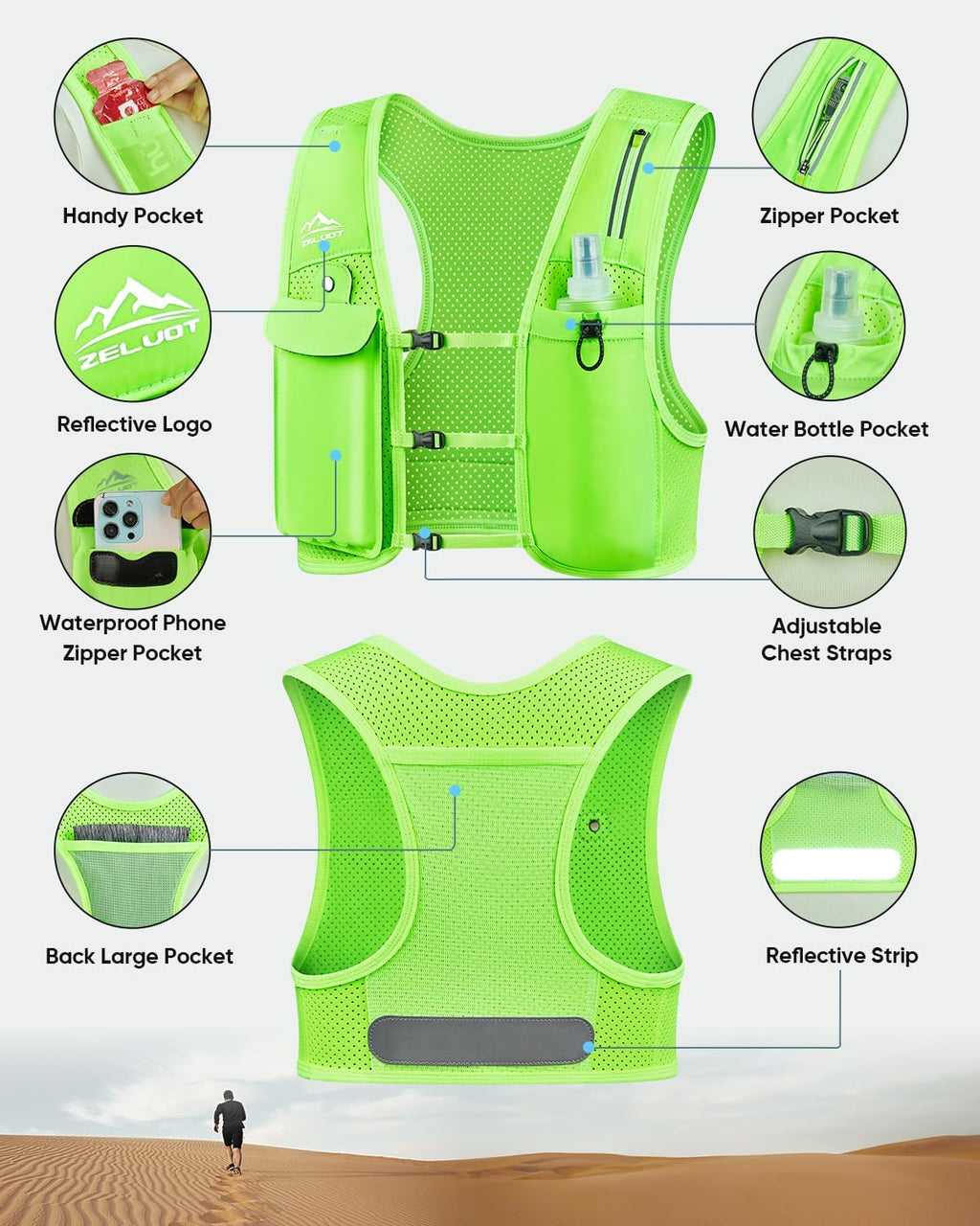 Zelvot Running Vest for Women Men, Touchscreen Phone Pocket