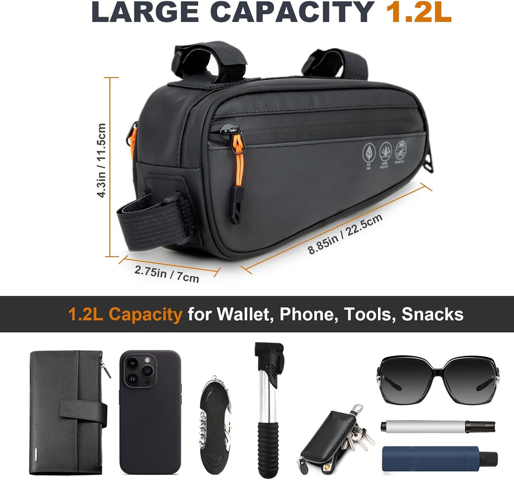 NDakter Bike Triangle Frame Bag, Bicycle Storage Pouch with 2 Side Pockets, 3-in-1 Top Tube Bags for Phone, Waterproof Cycling Tool Accessories Pack for MTB Mountain Road Bikes（1.2L）