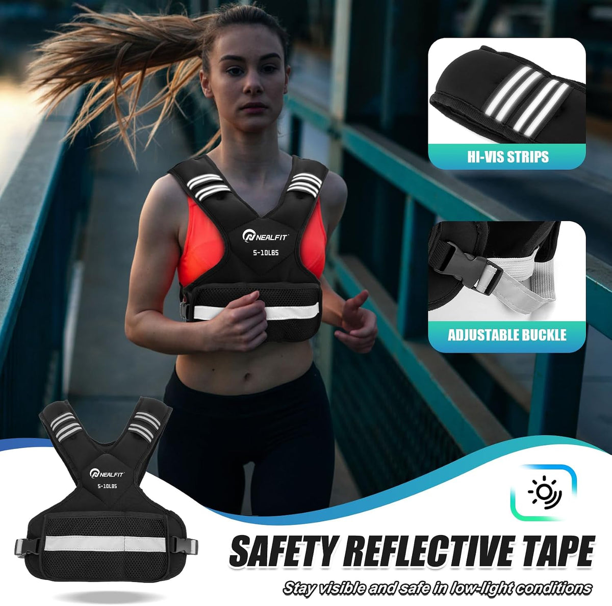 NEALFIT Weighted Vest for Women and Men, 5-10lb/11-20lb/18-30lb Adjustable Weighted Vest with Reflective Strip, Body Weight Vest for Walking, Running, Fitness, Strength Training