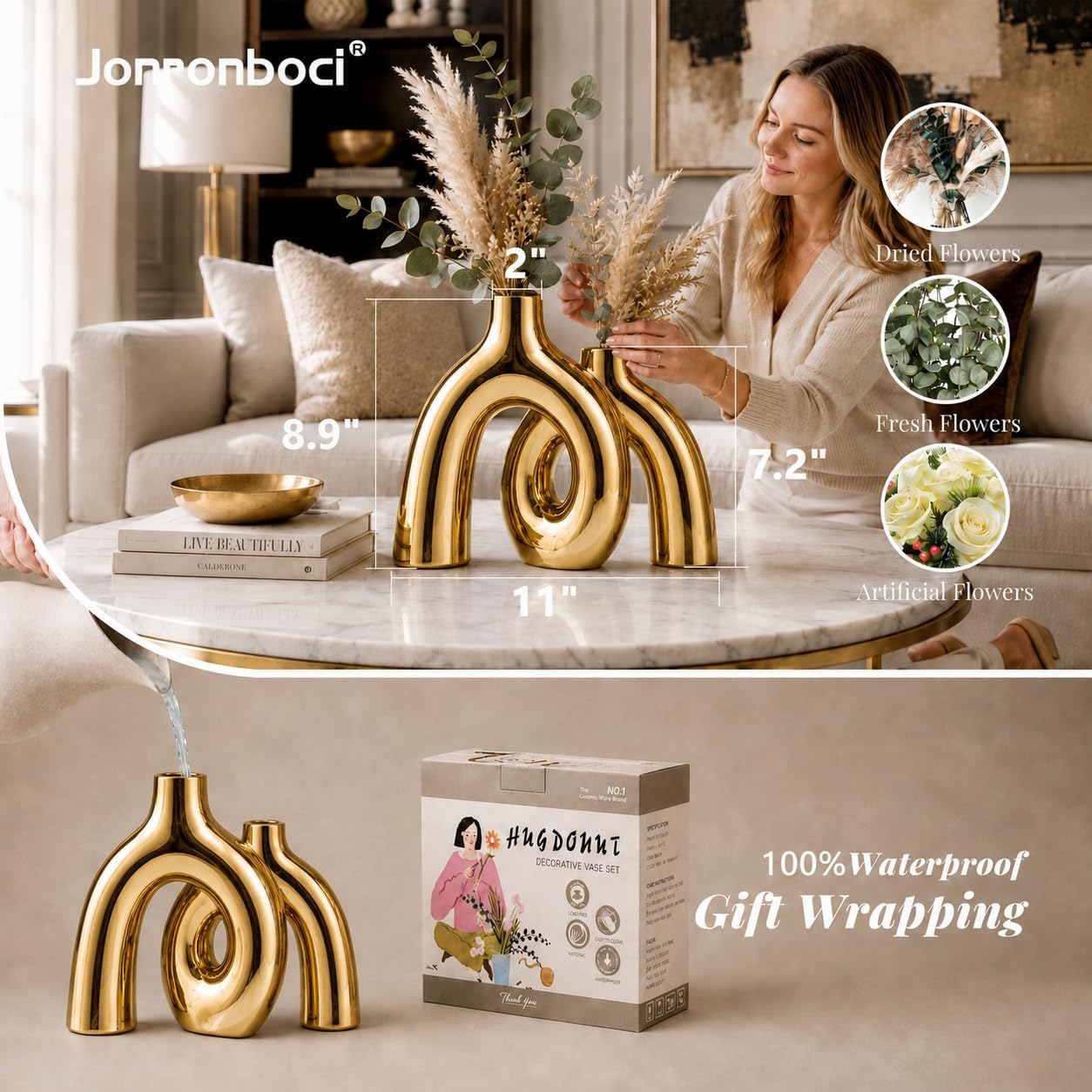 Hug Donut Decorative Vase Set - Golden Modern Classic Transitional Style Vases Home Decor, Matte Ceramic Decorations for Living Room Shelf, Bookshelf Mantle Entryway Table or Console Décor (Gold)