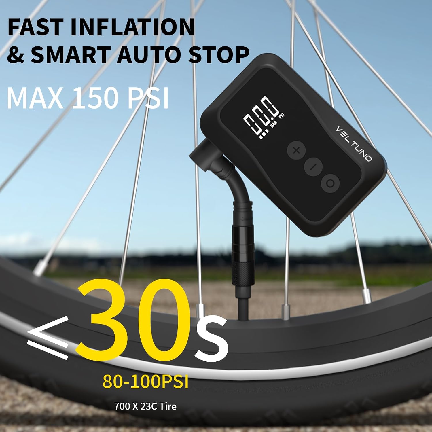 Mini Electric Bike Pump, Max 150 PSI Fast Inflation with Digital Pressure Gauge, Smart Auto Stop, USB-C Rechargeable, Presta & Schrader Valve for Road Bike, MTB, E-Bike, Motorcycle, Balls