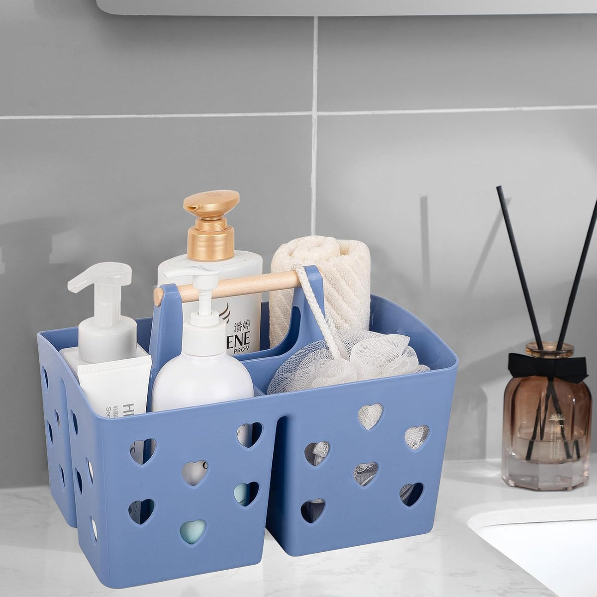 Portable Shower Caddy Plastic Shower Basket Organizer with Handle Dark Blue