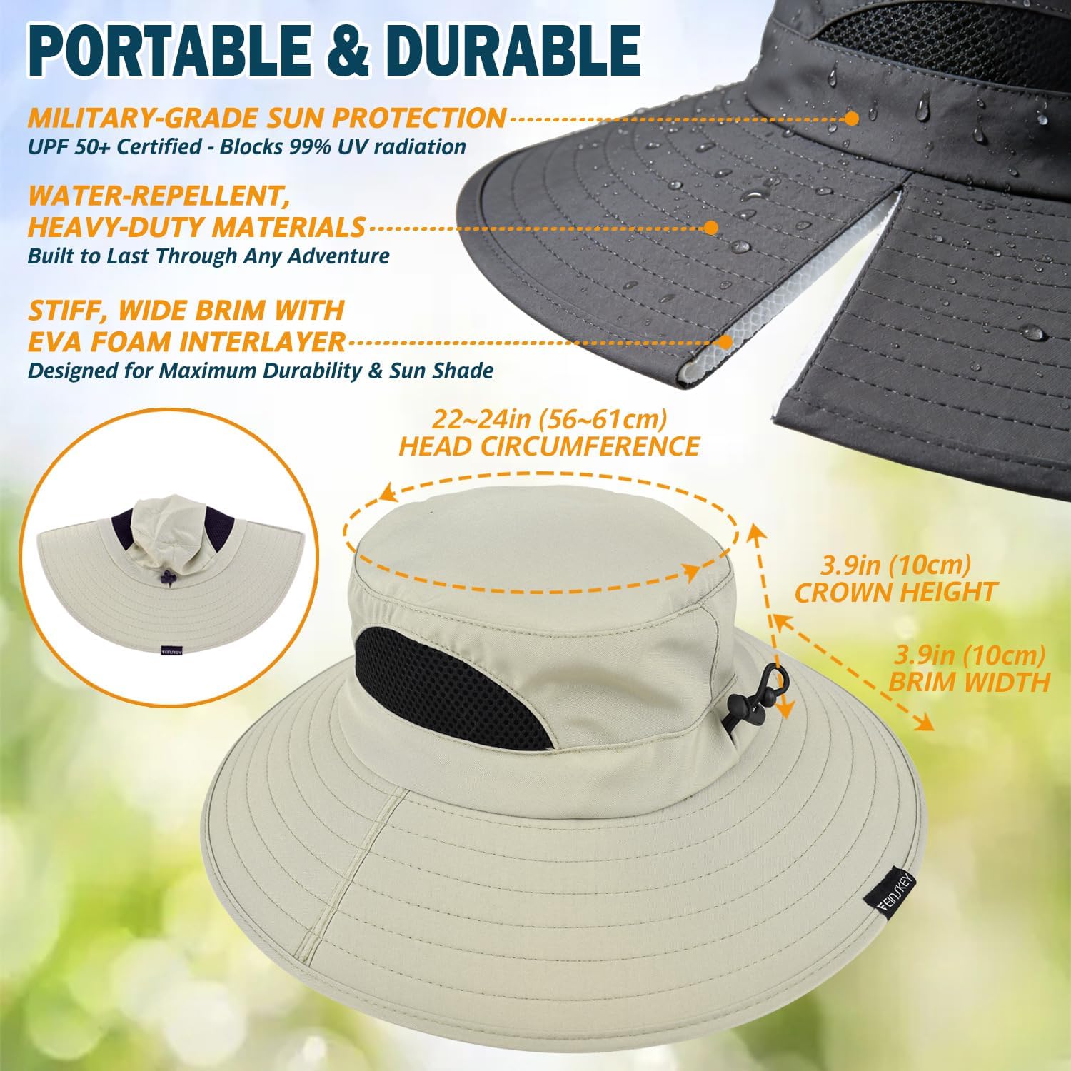 Wide Brim Sun Bucket Hat, Waterproof Boonie Hat for Men & Women
