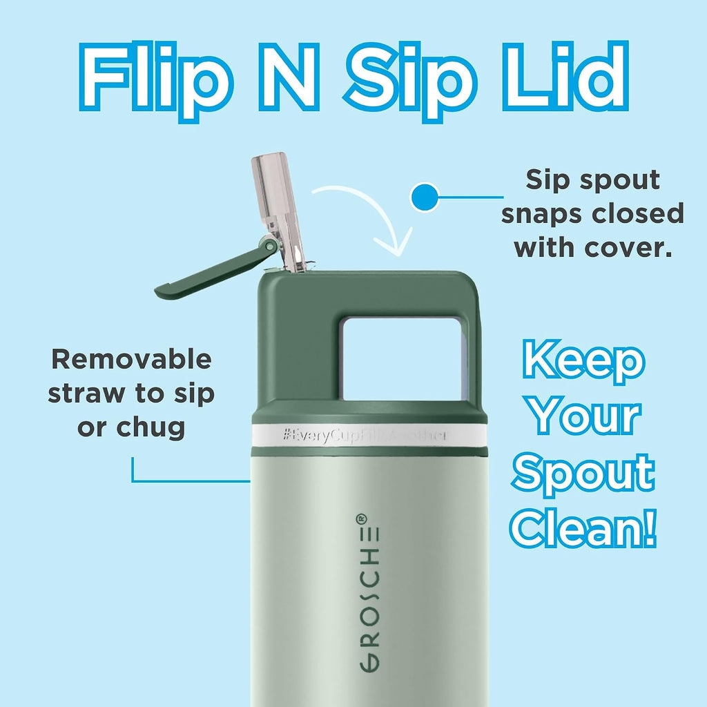 GROSCHE Alpine Shimmer Water Bottle with Straw Lid, Eucalyptus Green, 20 oz