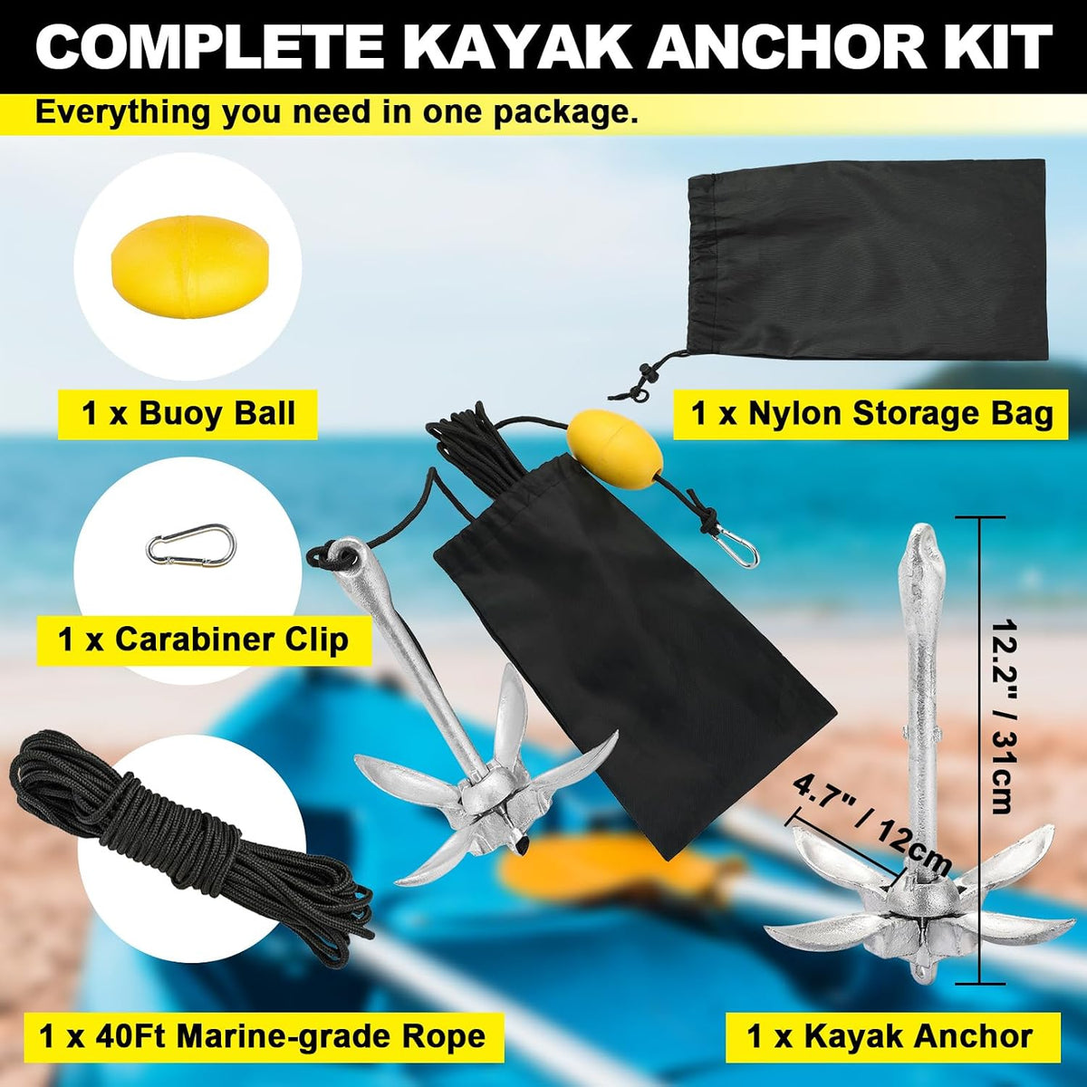 Kayak Anchor Kit, 3.5lbs Folding Kayak Anchor Kit with 40ft Rope
