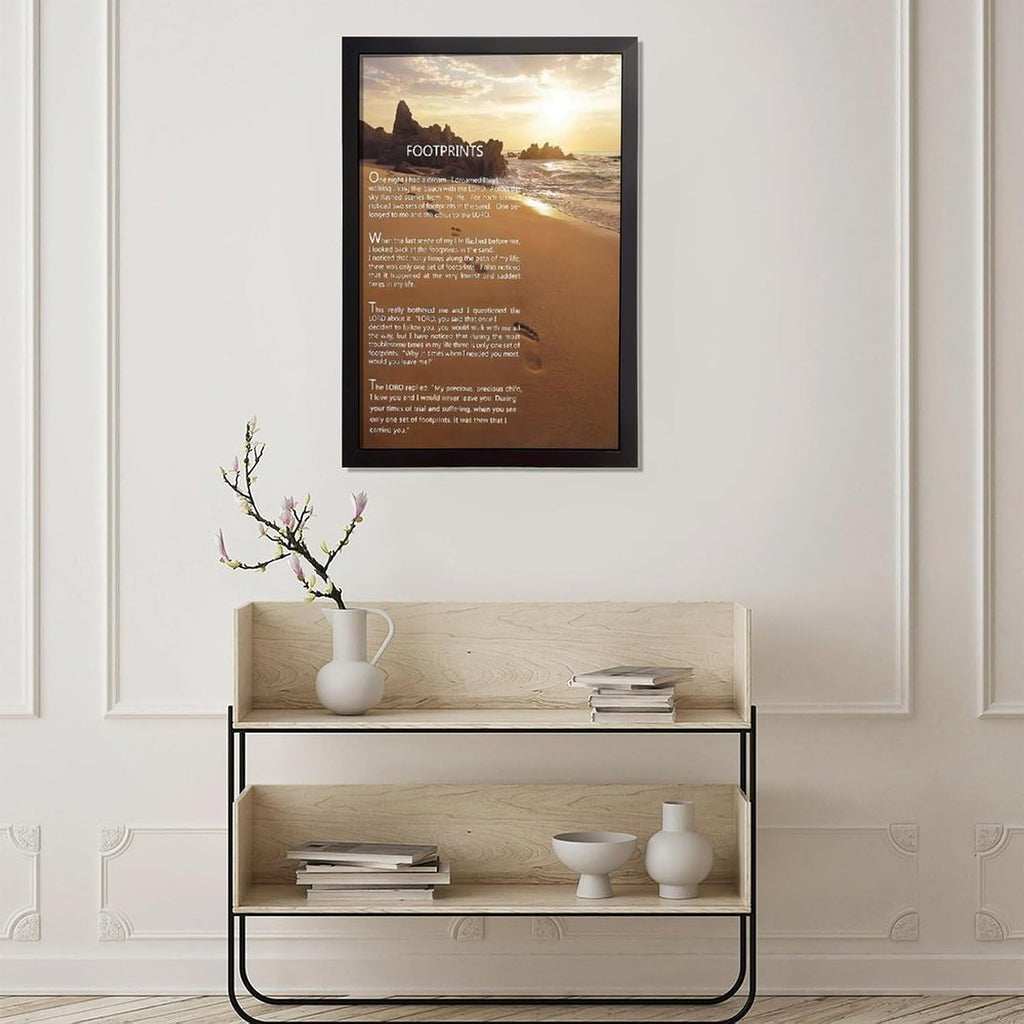 Footprints in the Sand Religious Canvas Wall Art Posters, Inspirational Beach Sunset Poem Print Poster (Black Framed 12x18inch, Footprints(2))