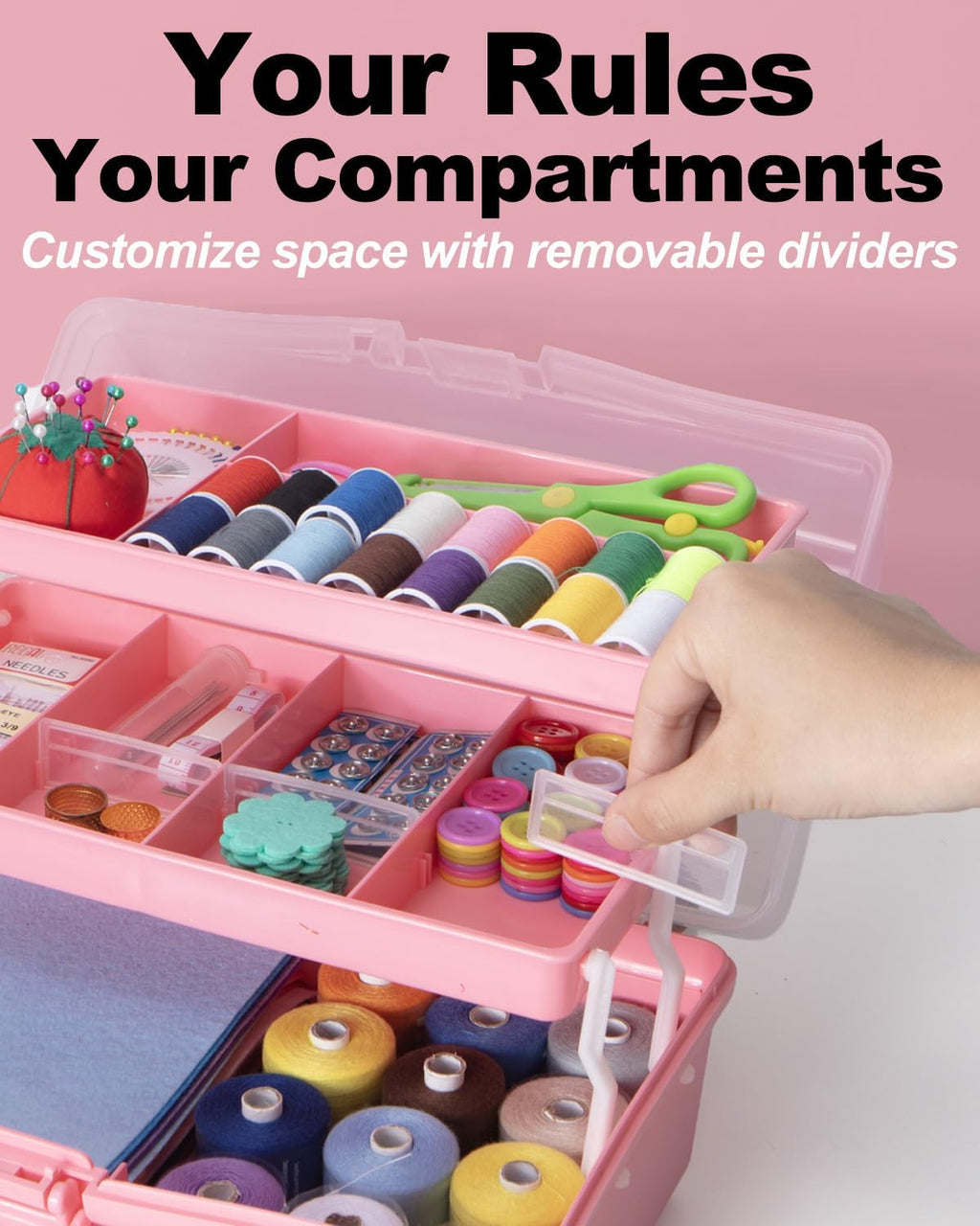 TERGOO 12in 3-Layer Plastic Craft Organizers and Storage, Portable Folding Tackle Box with Handle & Adjustable Dividers, Multipurpose Case for Sewing, Art Supplies, Medicine, Tools (Pink)