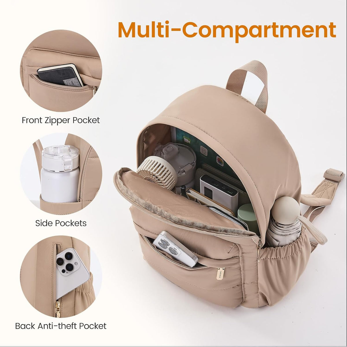 LOVEVOOK Mini Backpack Purse for Women, Small Puffer Lightweight Backpack, Casual Daily Daypack Purse for Women, back pack with Anti-theft Pocket for Travel-Khaki