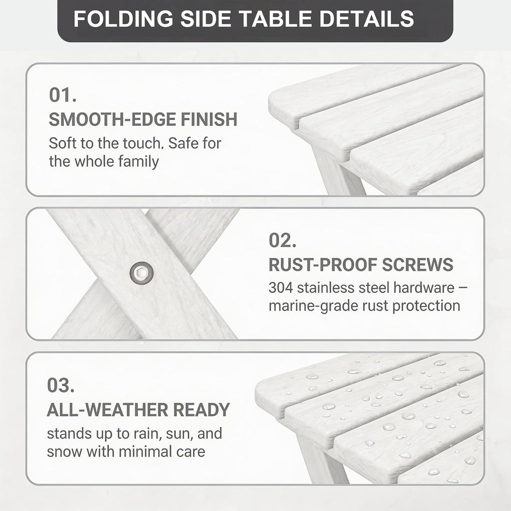 Folding Outdoor Side Table,Small HDPE Patio Table,All-Weather Compact Portable End Table for Patio,Porch,Pool,White,11.8" D x 15.7" W x 15.7" H