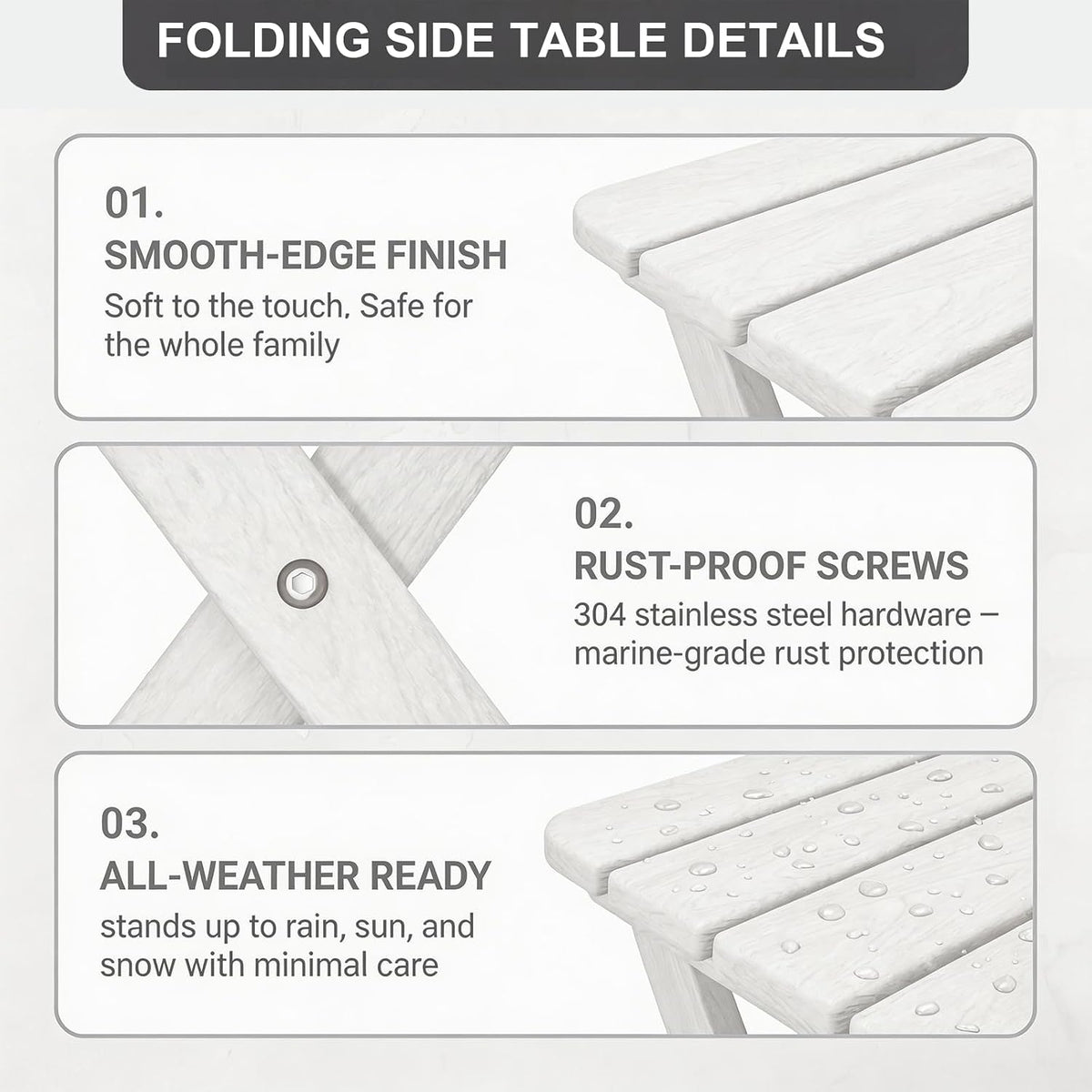 Folding Outdoor Side Table,Small HDPE Patio Table,All-Weather Compact Portable End Table for Patio,Porch,Pool,White,11.8" D x 15.7" W x 15.7" H