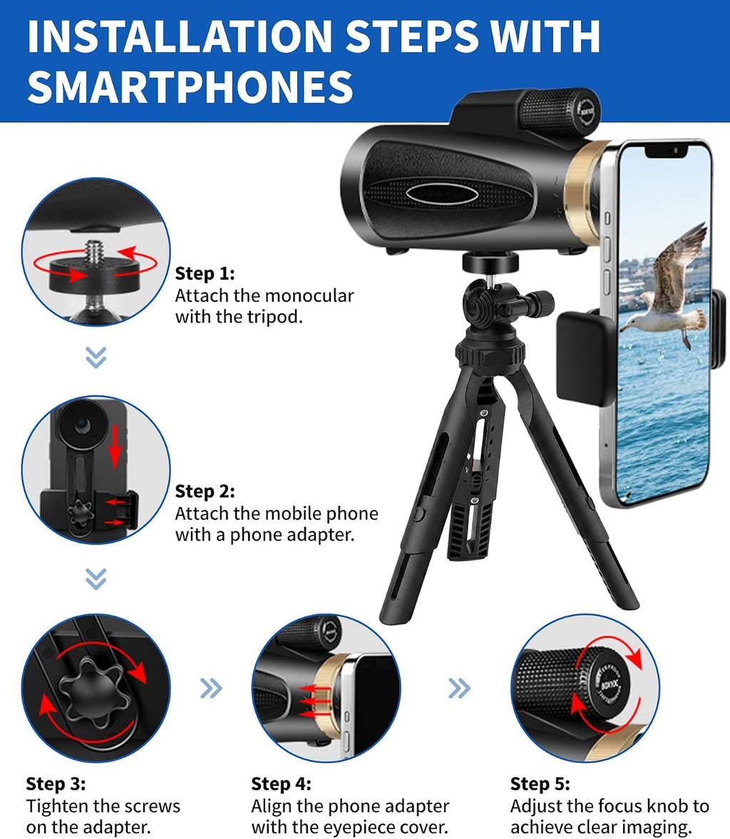 Monocular Telescope 12X60 HD High Power with Smartphone Adapter Tripod Larger Vision Monoculars for Adults with BAK4 Prism & FMC Lens Suitable for Bird Watching Hiking Camping Wildlife-Black
