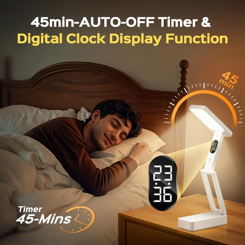 One Fire Small Desk Lamp,10000mAh Battery Operated Lamp,3 Colors+Dimmable Desk Light,LED Desk Lamp with Digital Clock+45min-Timer,Wireless & Portable Light,Desk Lamps for Home Office,Craft