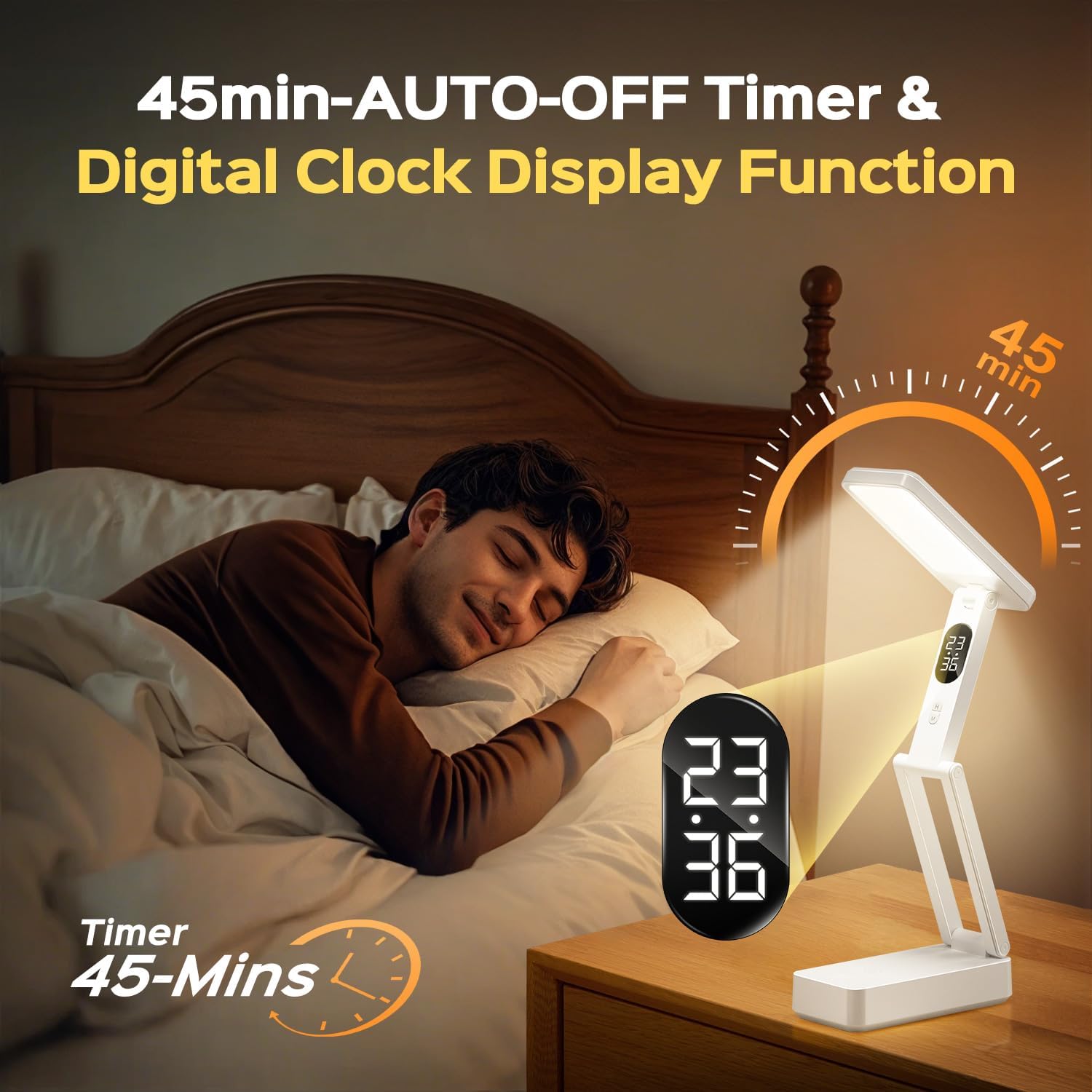 One Fire Small Desk Lamp,10000mAh Battery Operated Lamp,3 Colors+Dimmable Desk Light,LED Desk Lamp with Digital Clock+45min-Timer,Wireless & Portable Light,Desk Lamps for Home Office,Craft