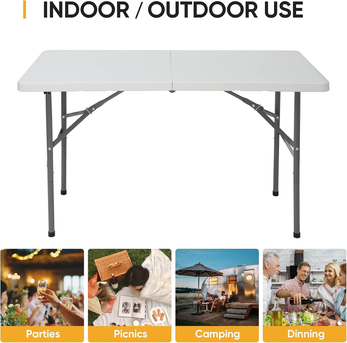 SUPER DEAL Portable 4 Foot Plastic Folding Table, Small Indoor Outdoor Heavy Duty Fold-in-Half Picnic Party Camping Barbecues Table with Carrying Handle, White
