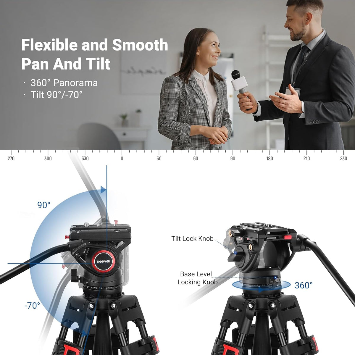 NEEWER 74" Video Tripod with Fluid Head, QR Plate , Aluminum Heavy Duty Camera Tripod Professional for DSLR Cameras Camcorders, Max Load 17.6lb/8kg, TP74