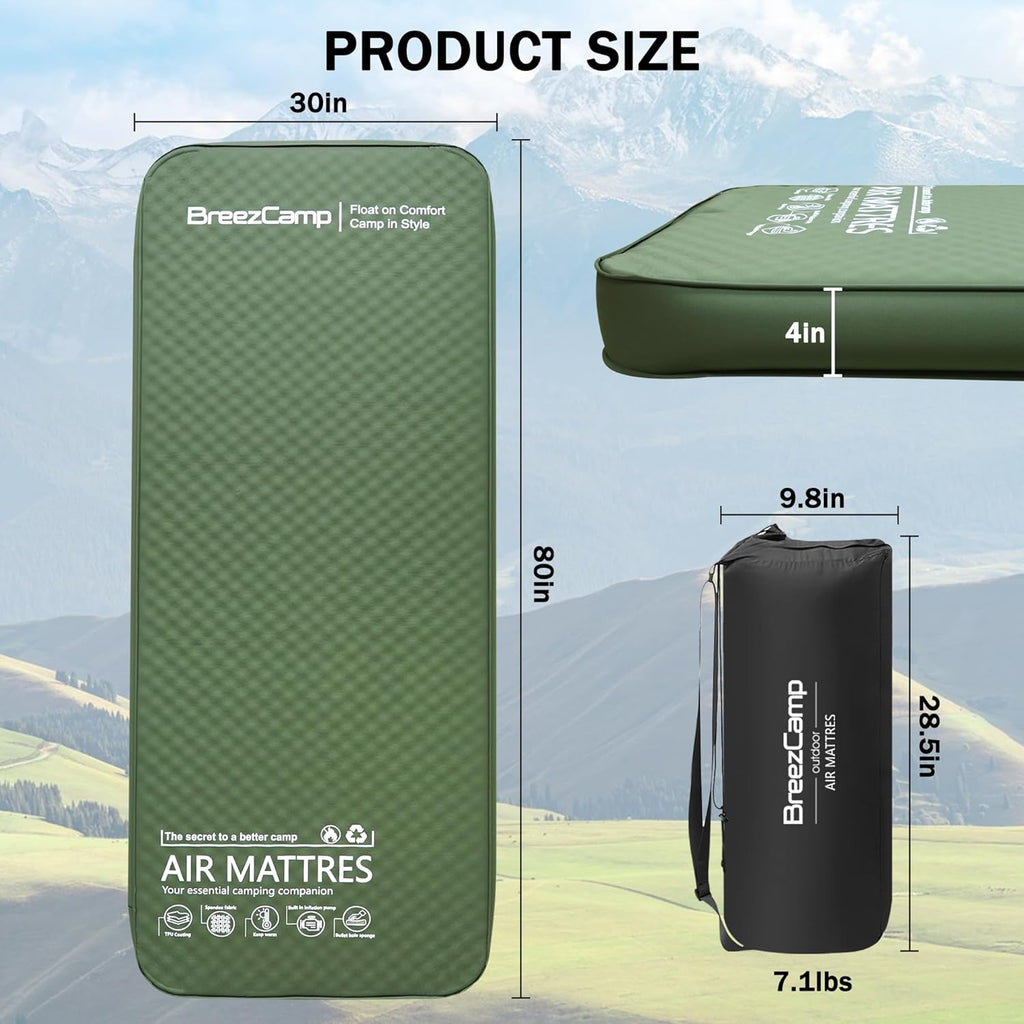 Self Inflating Sleeping Pad With Electric Pump, 4" Thick Memory Foam Sleeping Pad For Camping, 9.5 R-Value Insulated Sleeping Mat, All Season Camping Air Mattress For Tent Travel Car (Green)