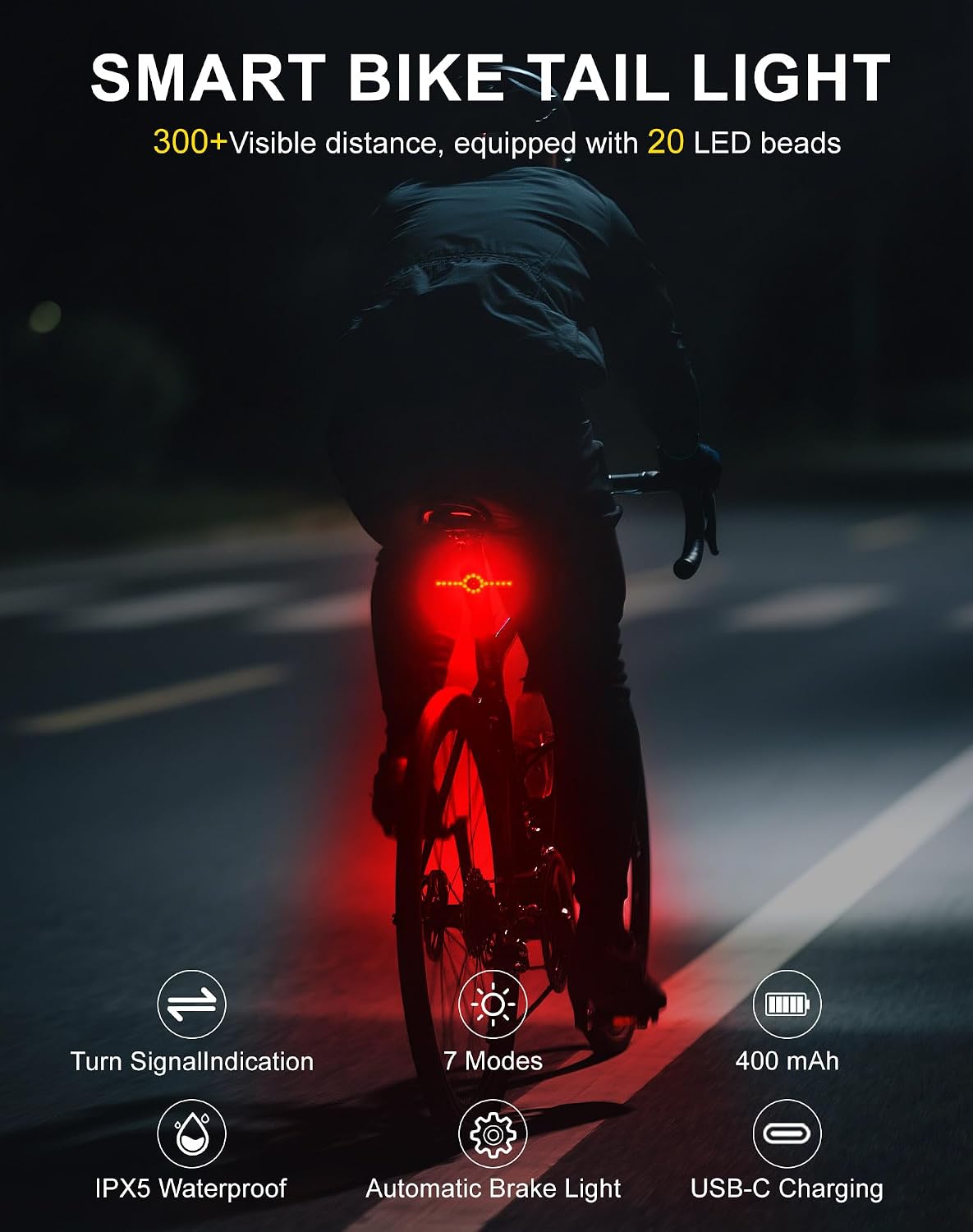 X8 Smart Bike Tail Light USB Rechargeable, 21* LED 300 Lumens Bike Lights for Night Riding, with Turn Signals & Brake Sensing, 9 Modes for Night Riding- Long Lasting Bicycle Lights